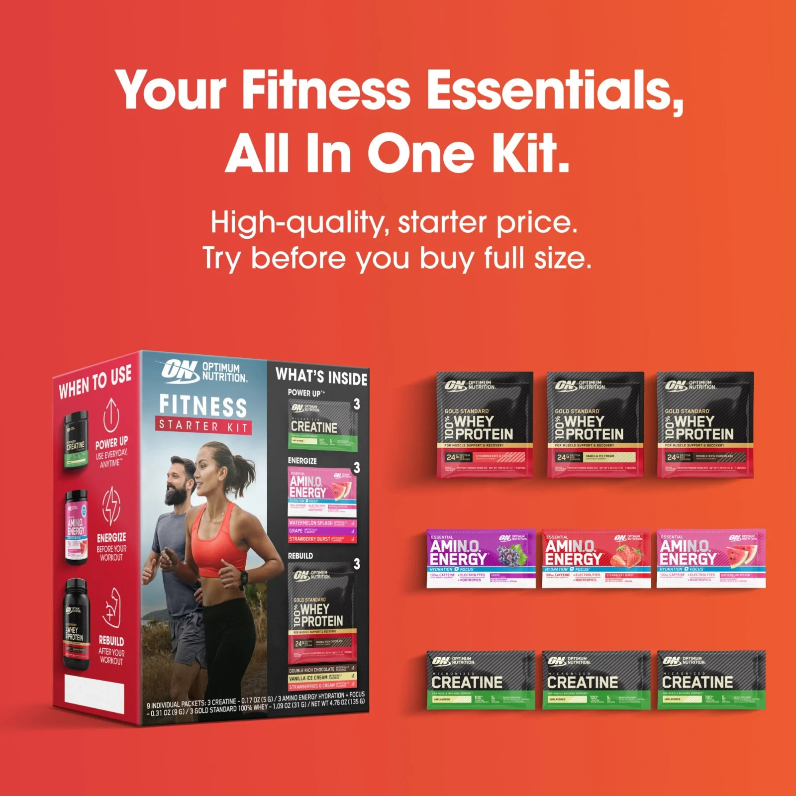 Optimum Nutrition Fitness Starter Kit New Sealed Creatine Amino Whey, TWO, NIB