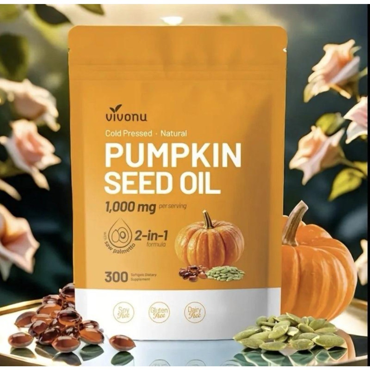 Vivonu Pumpkin Seed Oil 1000mg + Saw Palmetto, 300 Softgels