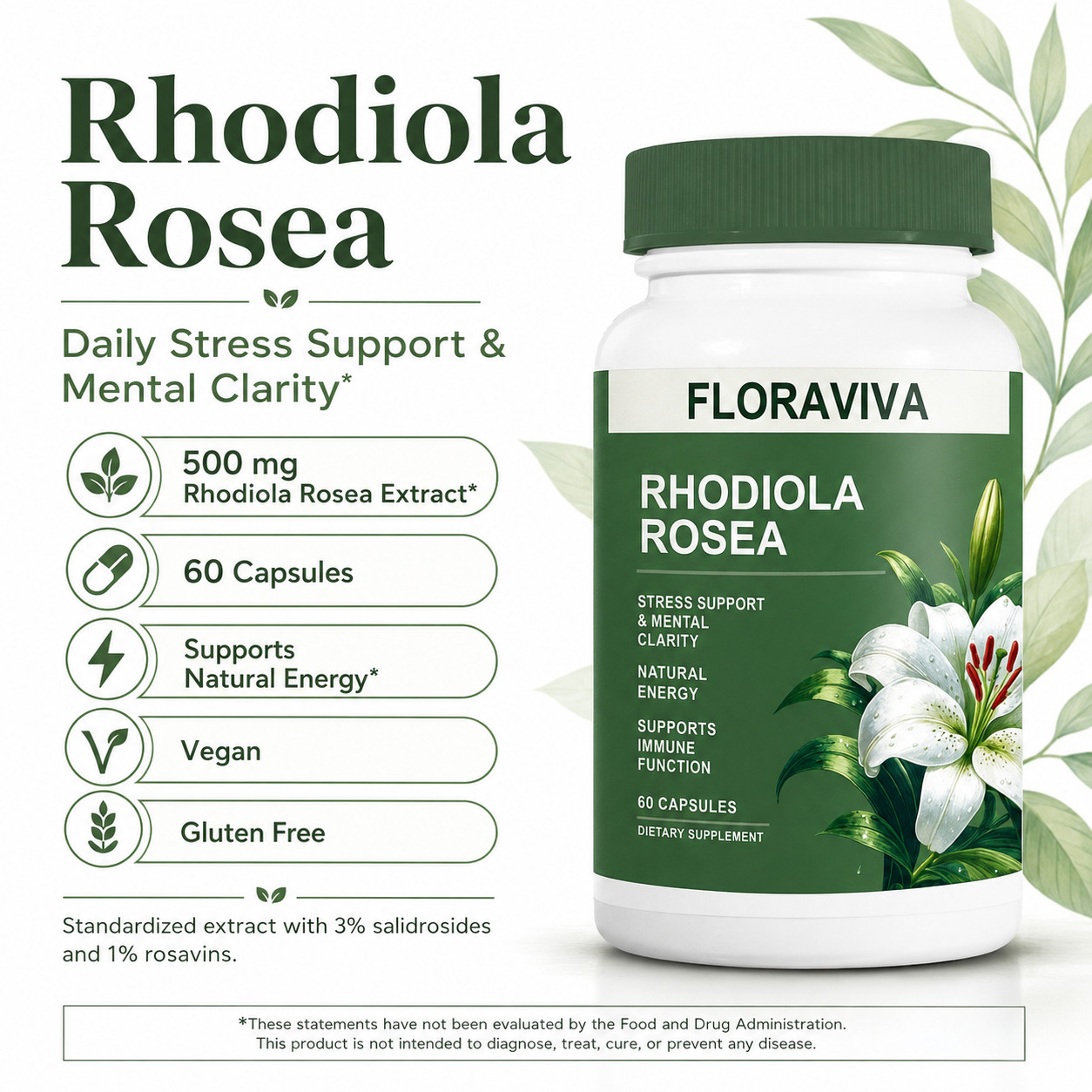 Rhodiola Rosea Supplement 500mg Stress Support Mental Clarity 60 Capsules