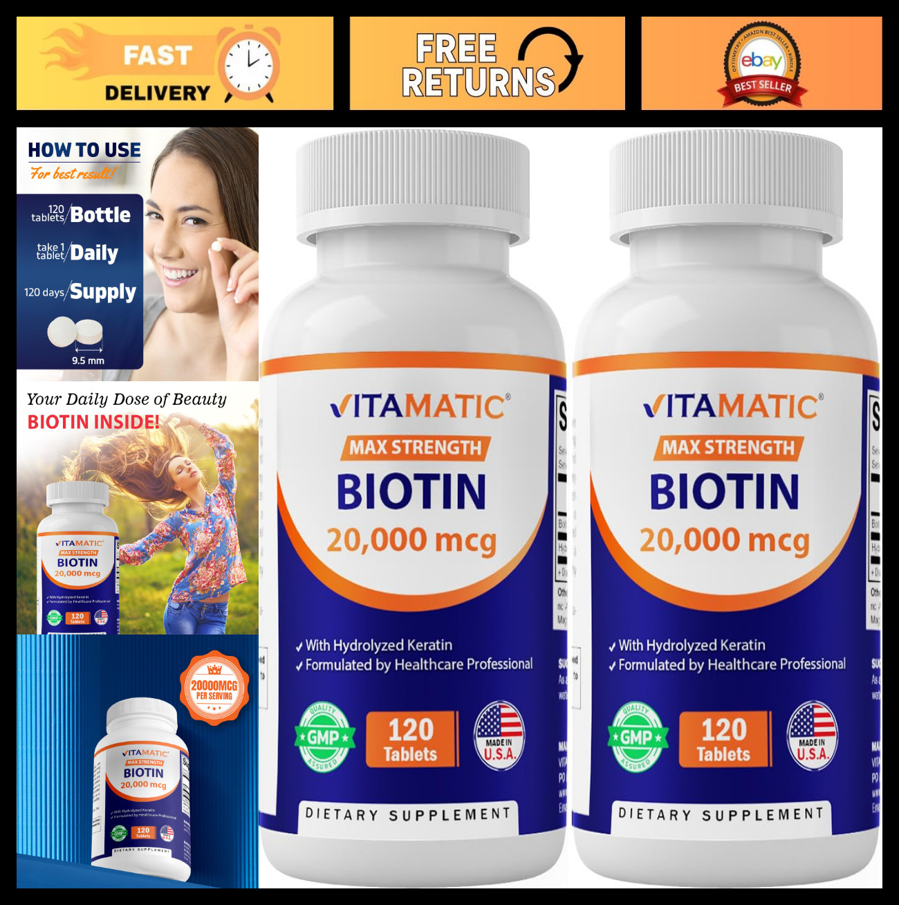 High Potency Biotin 20000mcg with Keratin 100mg – 120 Tablets for Hair, Skin & N