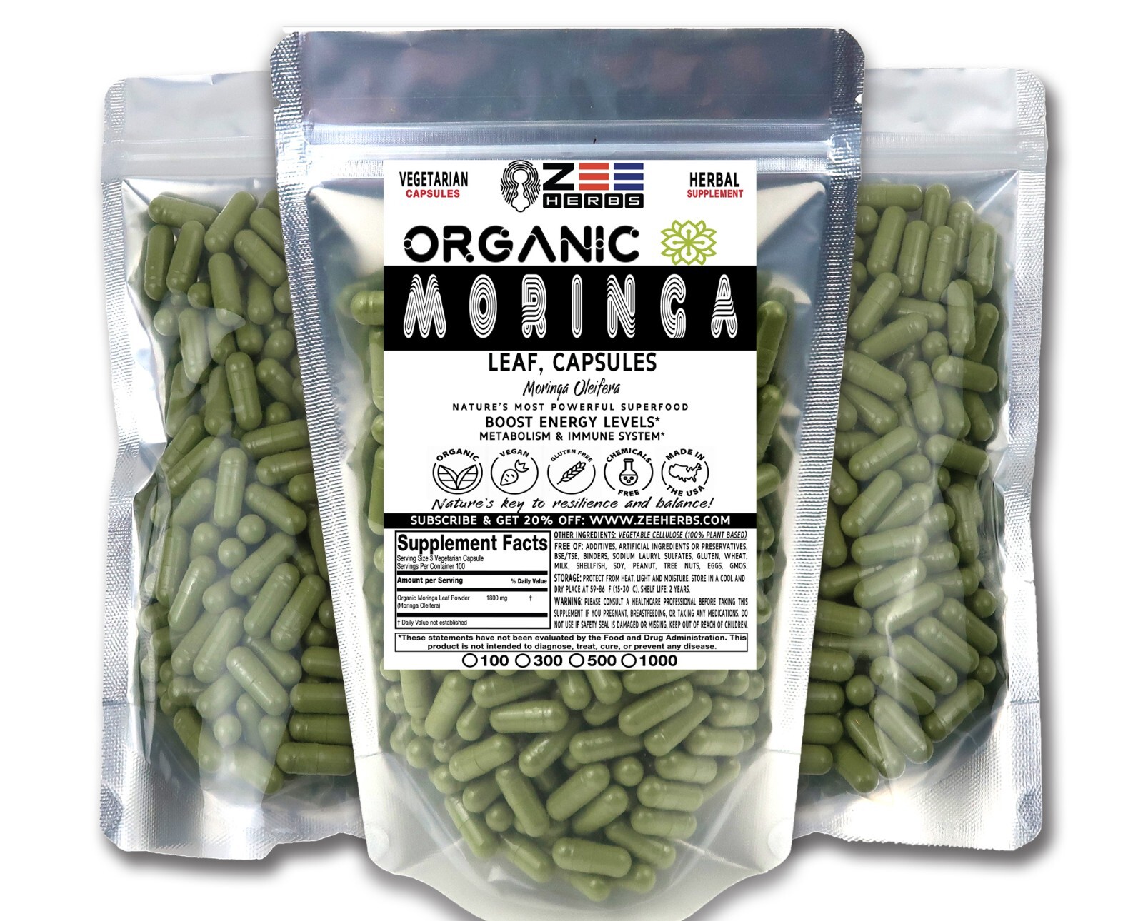 Organic Moringa Capsules – 1800mg Per Serving of Natural Pure Moringa Leaf