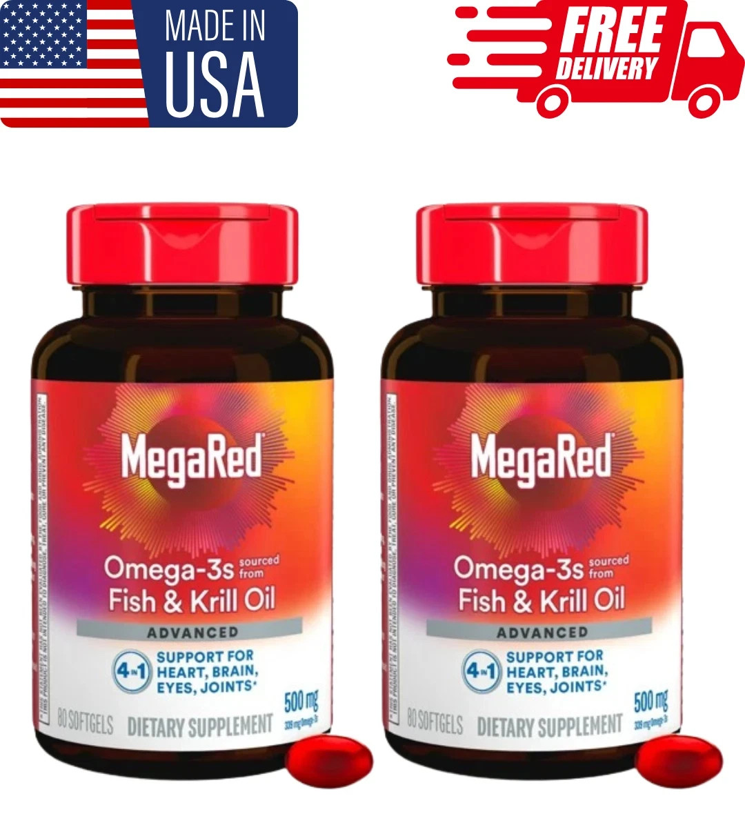 pack of 2 MegaRed Advanced Absorption Omega 3 Fish Oil 500mg 80 Softgels New