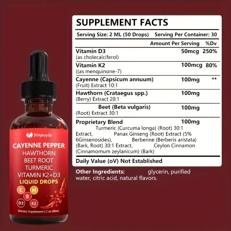 2Pack Cayenne Pepper Hawthorn Beet Root Turmeric Vitamin K2+D3 Liquid Drops
