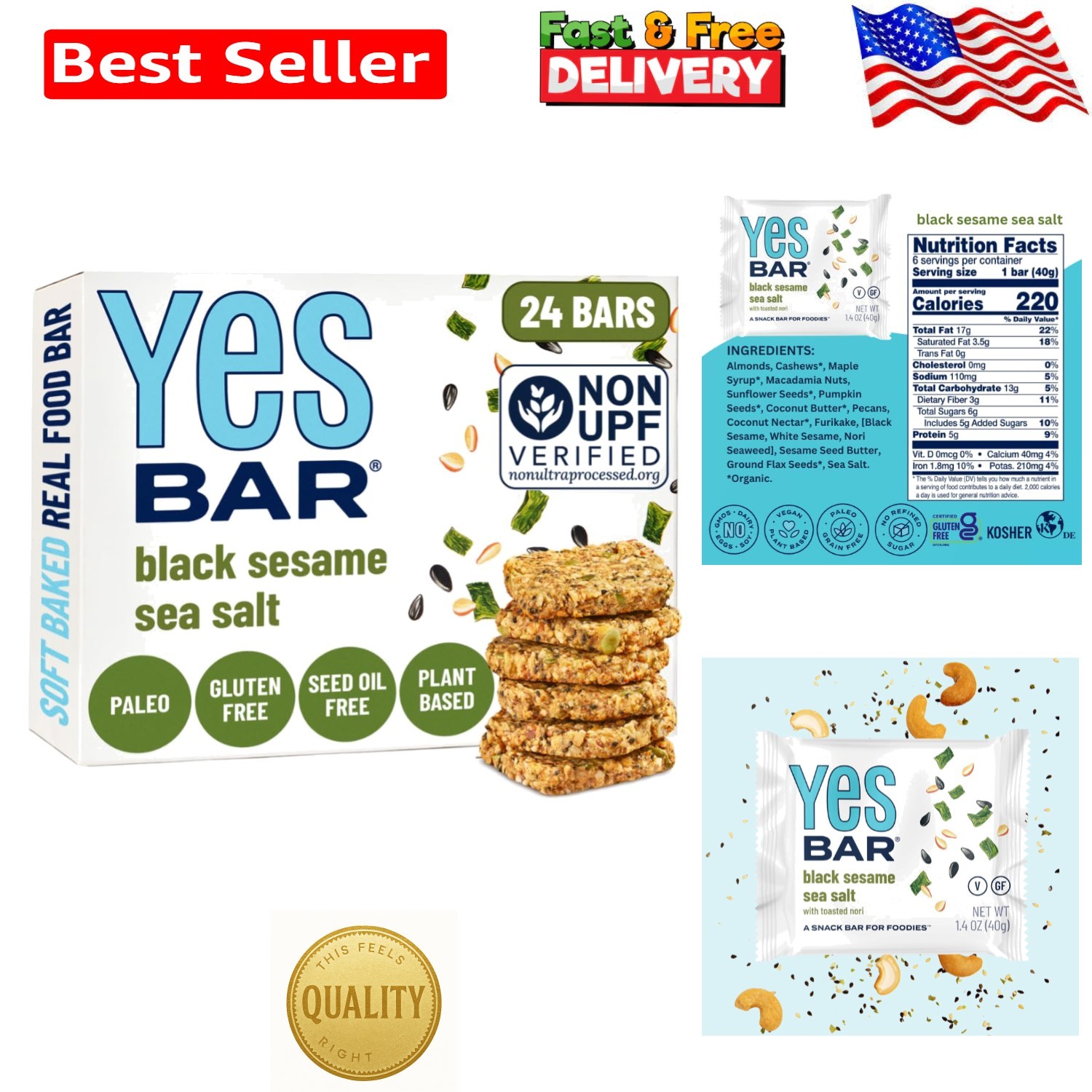 YES Nut Bars – 24 Count Black Sesame Sea Salt, Clean Ingredients for All Ages