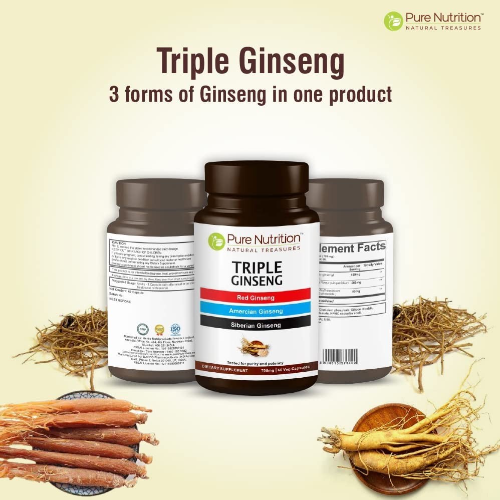 Triple Ginseng Complex 650mg | 120 Capsules | Energy & Vitality Boost | Non-GMO