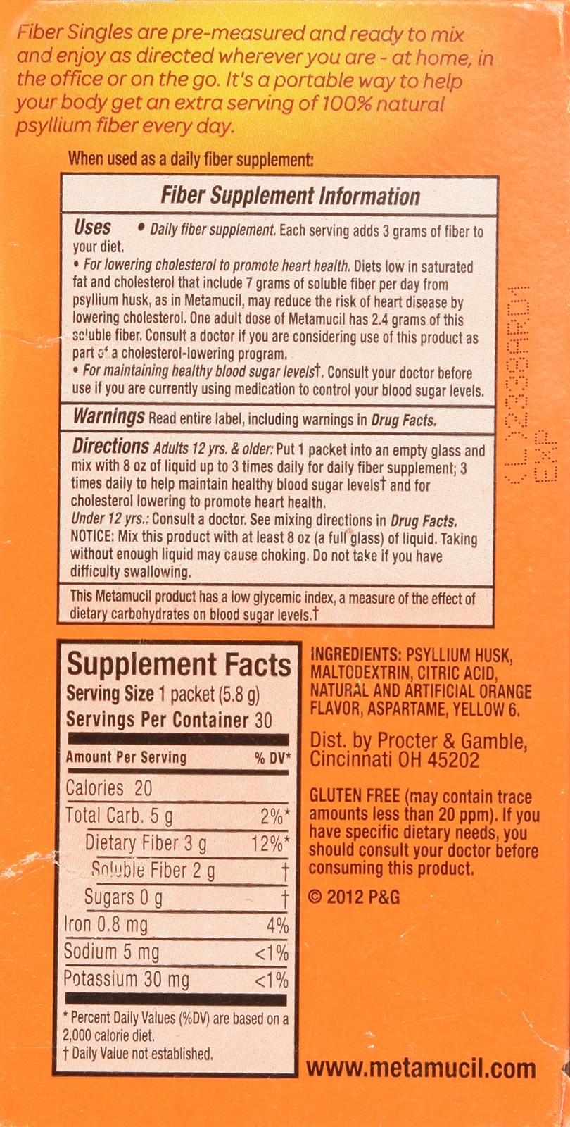Metamucil Fiber Singles Smooth Texture Sugar Free 0.21 ounce (Pack of 30)