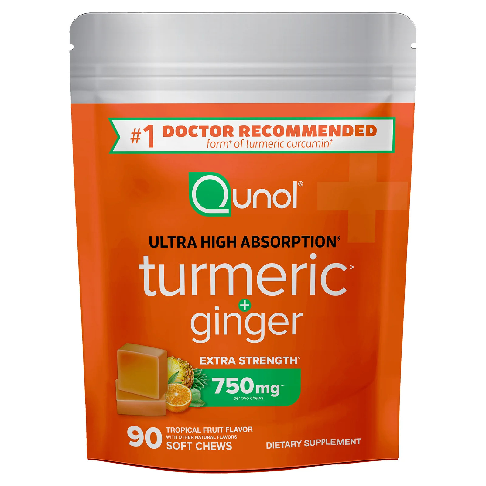 2 X Qunol, Turmeric + Ginger, Tropical Fruit, 90 Soft Chews