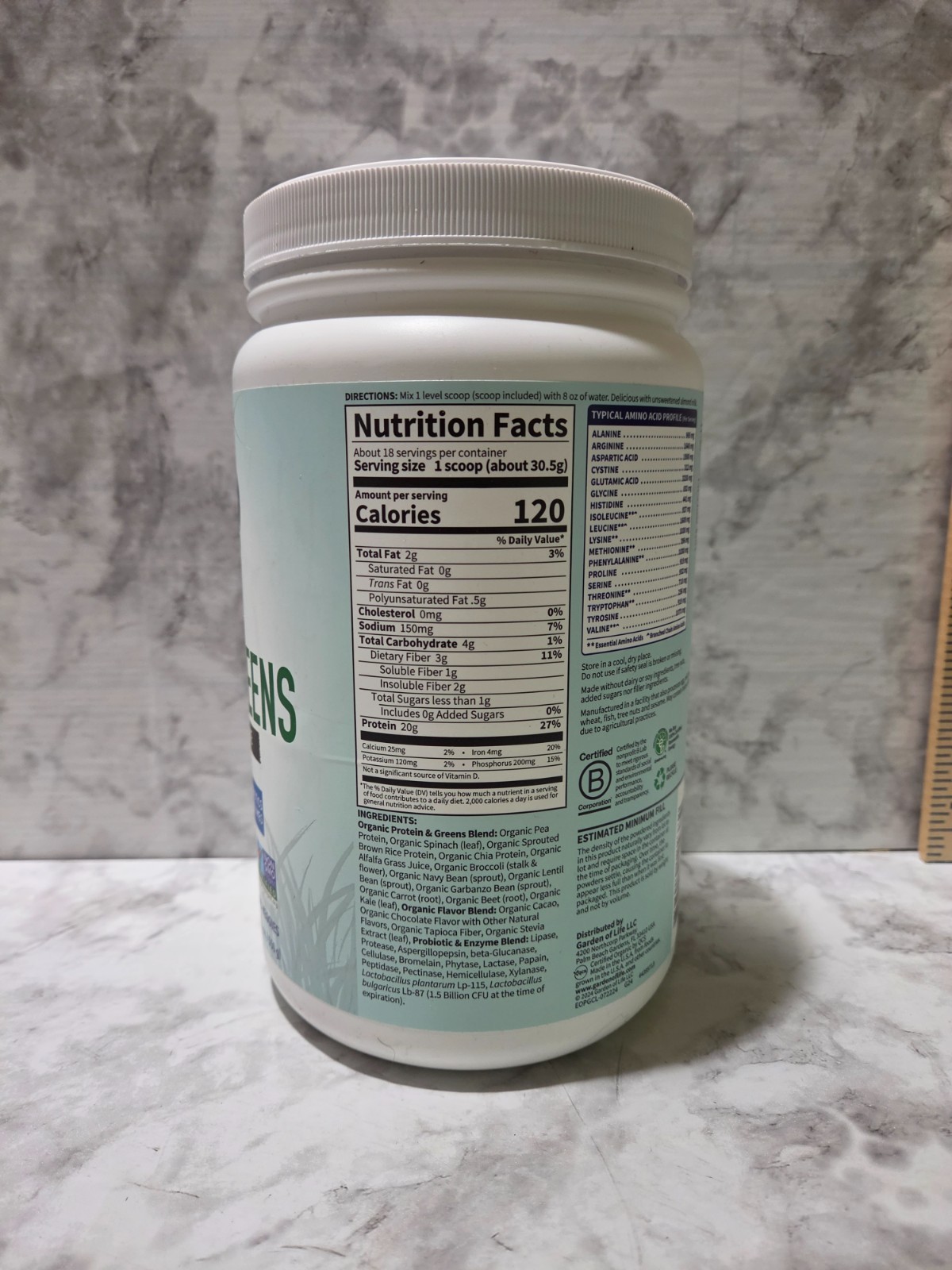 Garden of Life Organic 20g Protein + Greens Veggie Shake Chocolate 19 OZ 1/2027