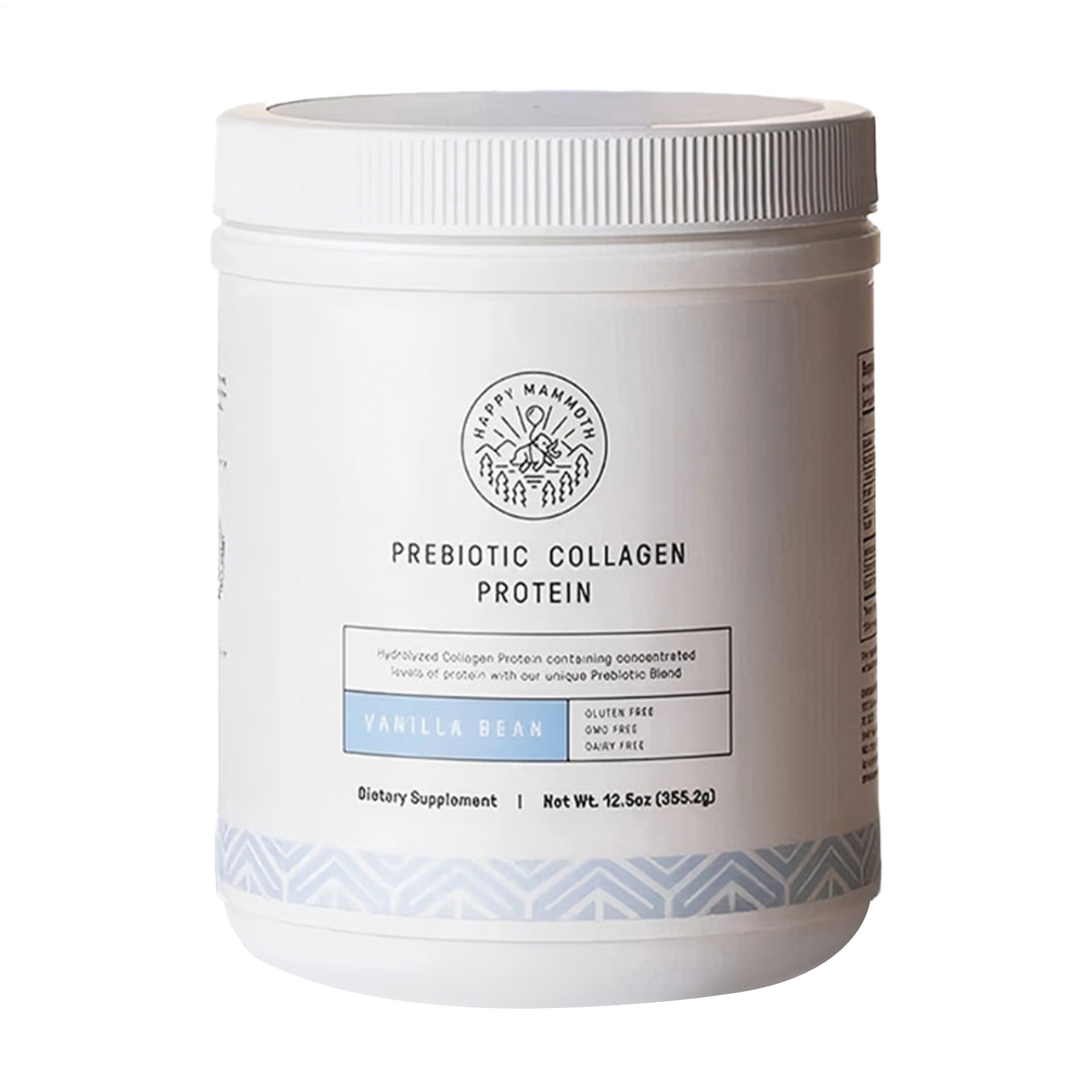 “Premium Happy Mammoth Collagen Prebiotic Protein Vanilla Bean.”