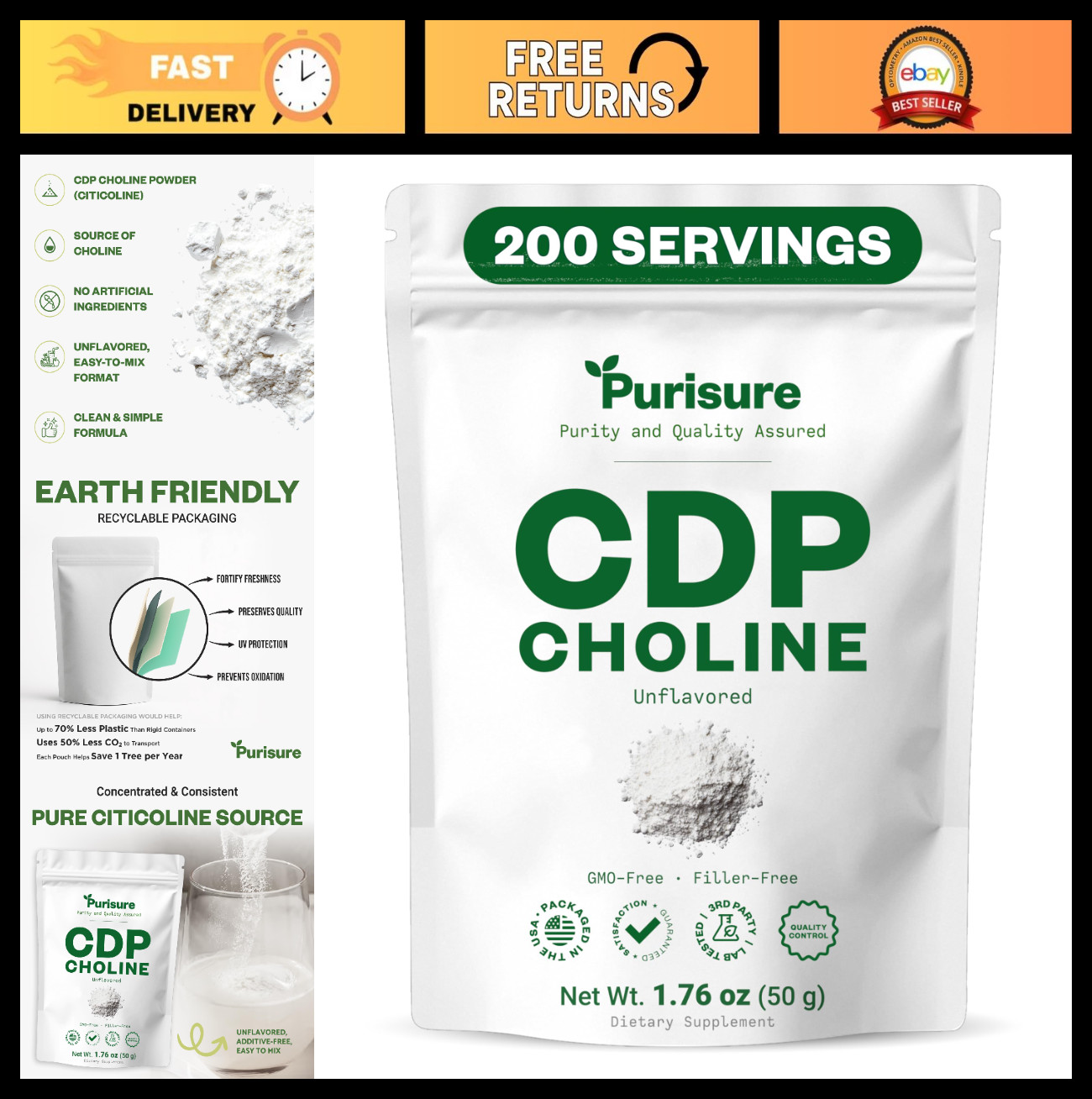 CDP Choline Powder 50g – Boost Focus, Attention & Energy | Citicoline for Cognit