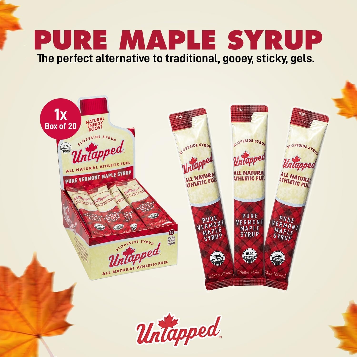 UNTAPPED Vermont Maple Syrup Packets Athletes Box of 20 0.96oz Energy Gel
