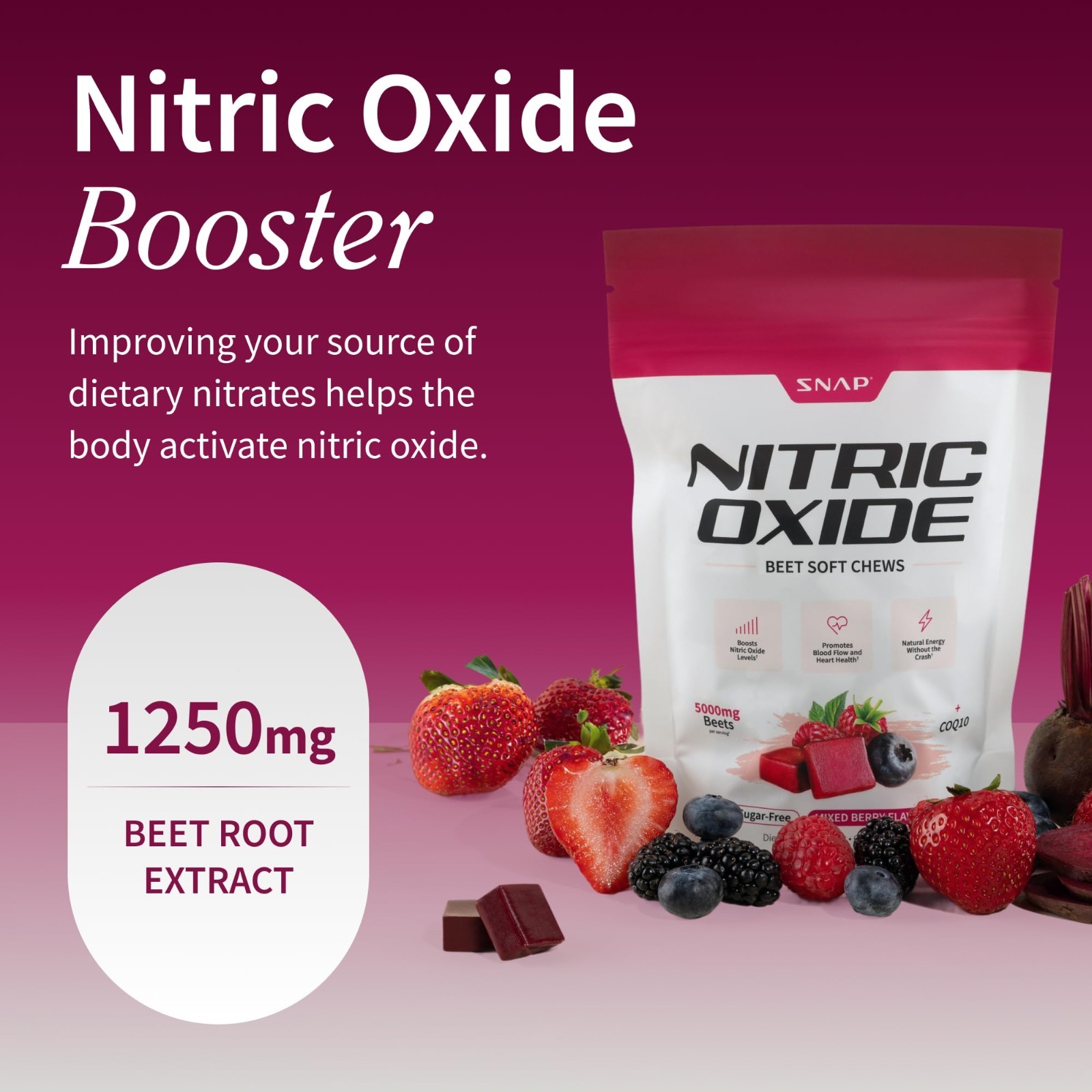 Beet Root Nitric Oxide Supplements for Energy & Heart Health – 60 Soft Chews