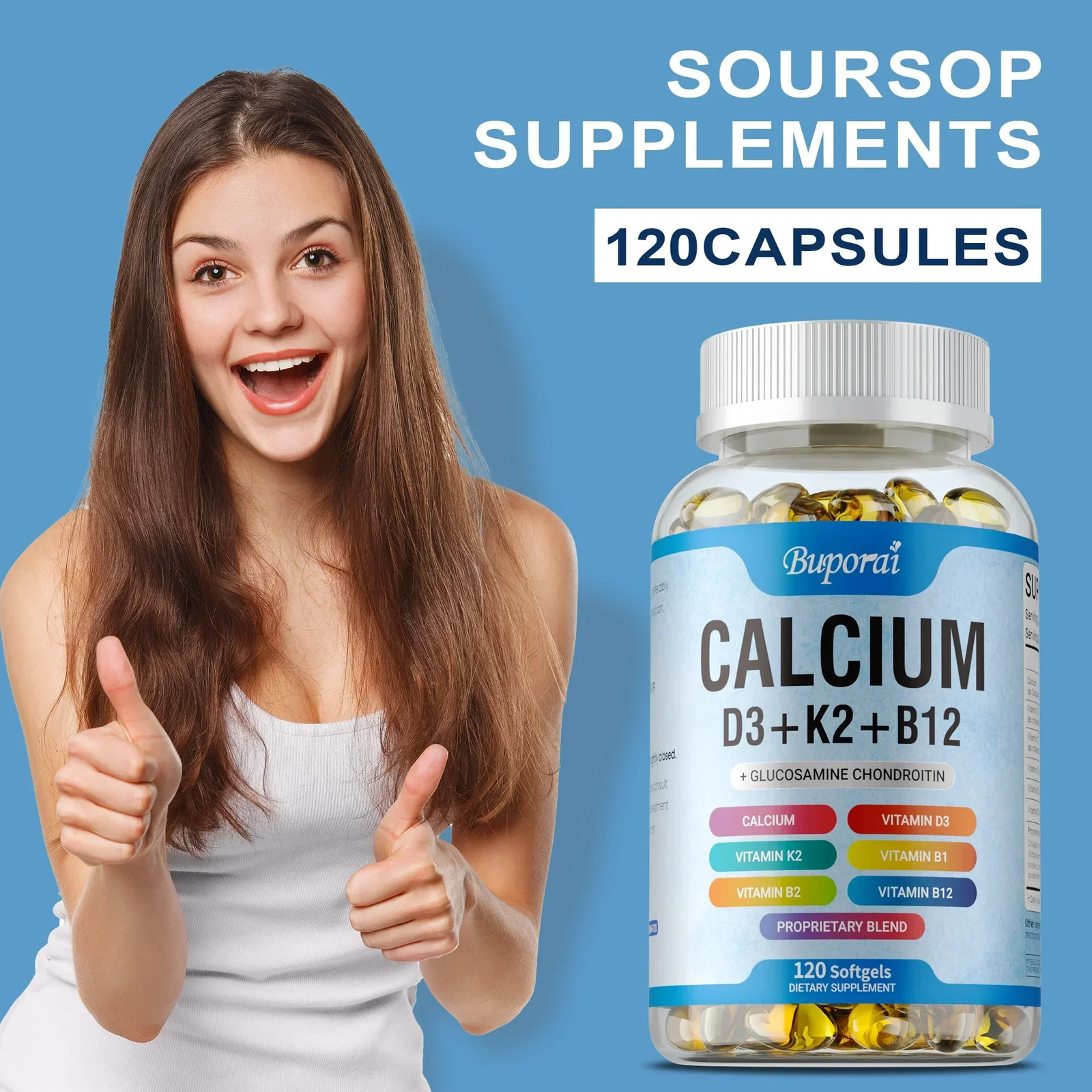 Calcium + Vitamin D3 +K2 +B12 120pcs – Bone, Muscle & Heart Health,Energy Levels