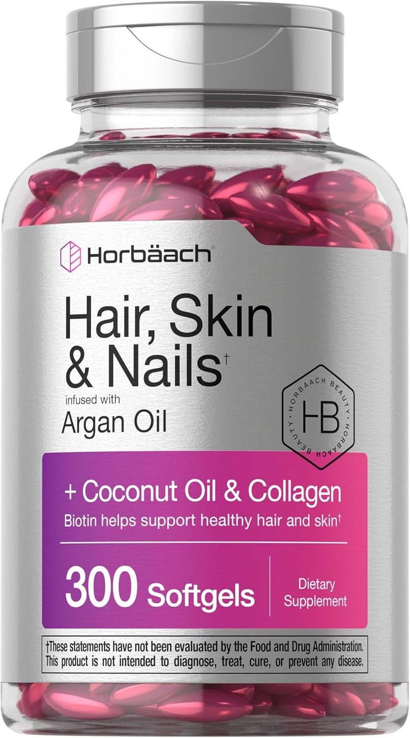 Hair Skin & Nails Vitamins 300 Softgels with Biotin Collagen Argan Coconut Oil
