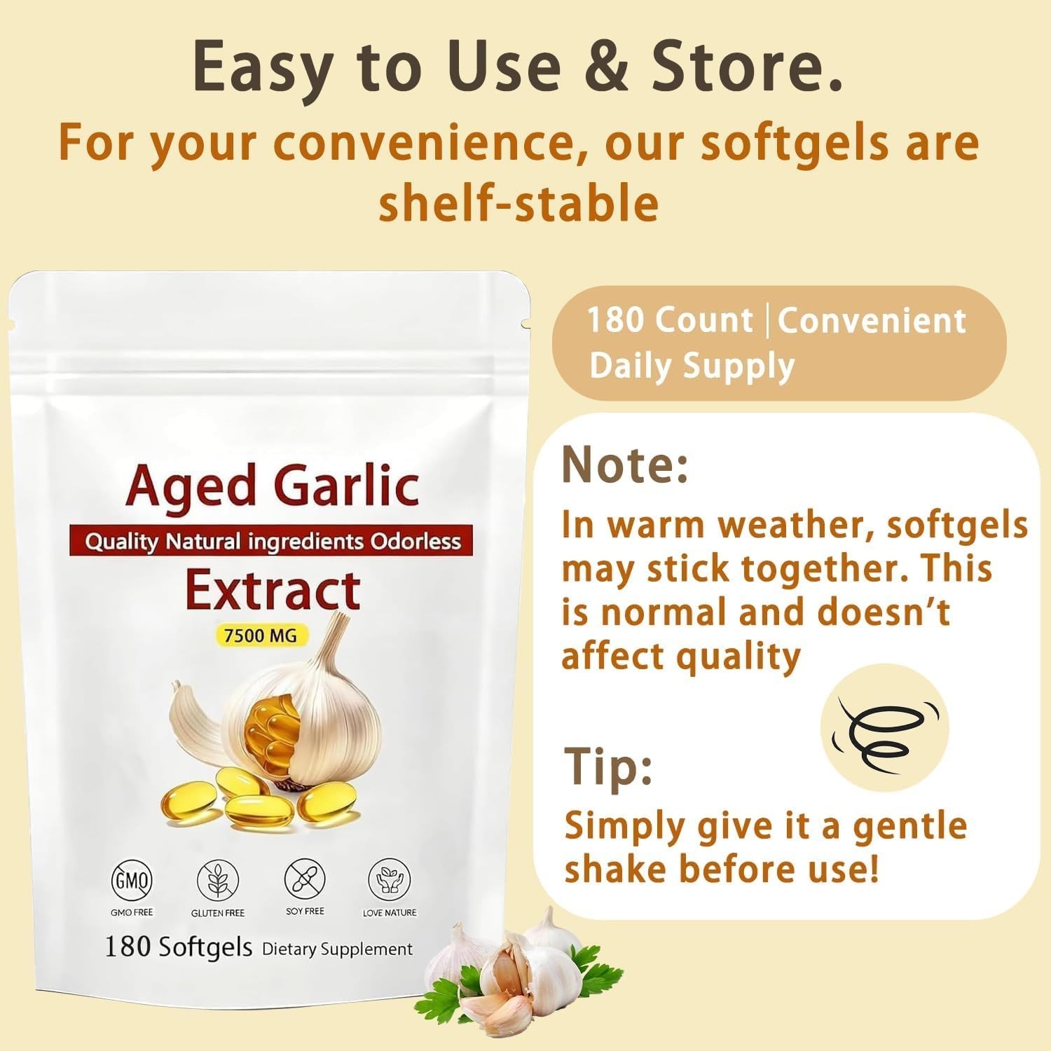 Aged Garlic Extract 7500mg Odorless, Non-GMO, Immune Support – 180 Softgels