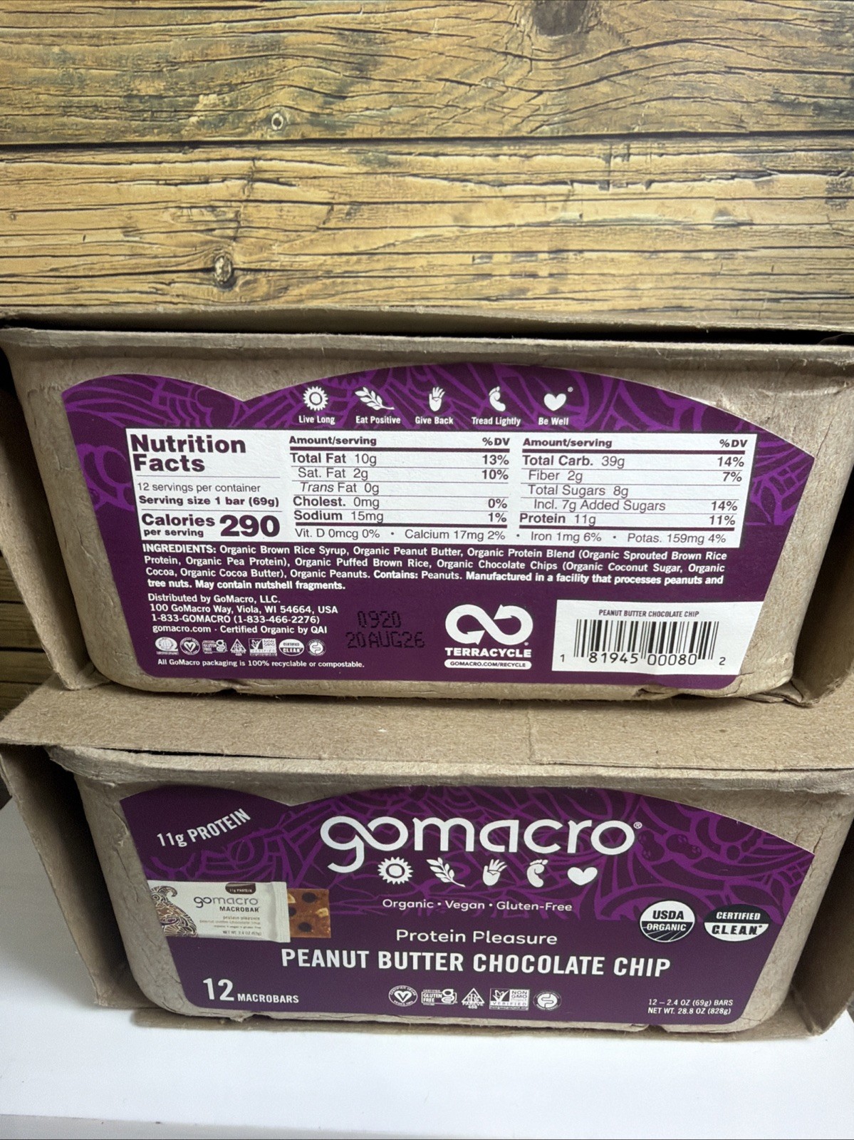 GoMacro Macrobar Peanut Butter Chocolate Chip Bars 11g Protein (2 Boxes= 24 Ct)