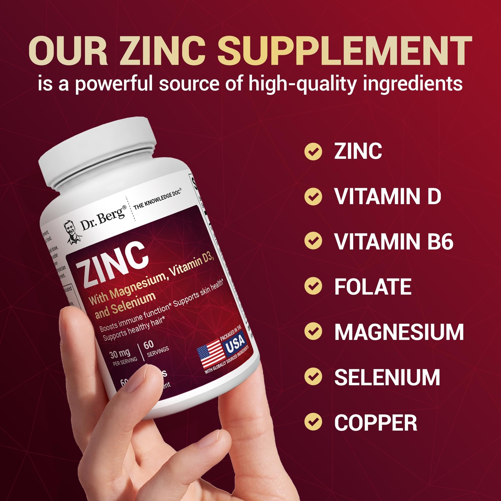 Dr. Berg Zinc 30mg Enhanced with Magnesium, Vitamin D3, 60 Count (Pack of 1)