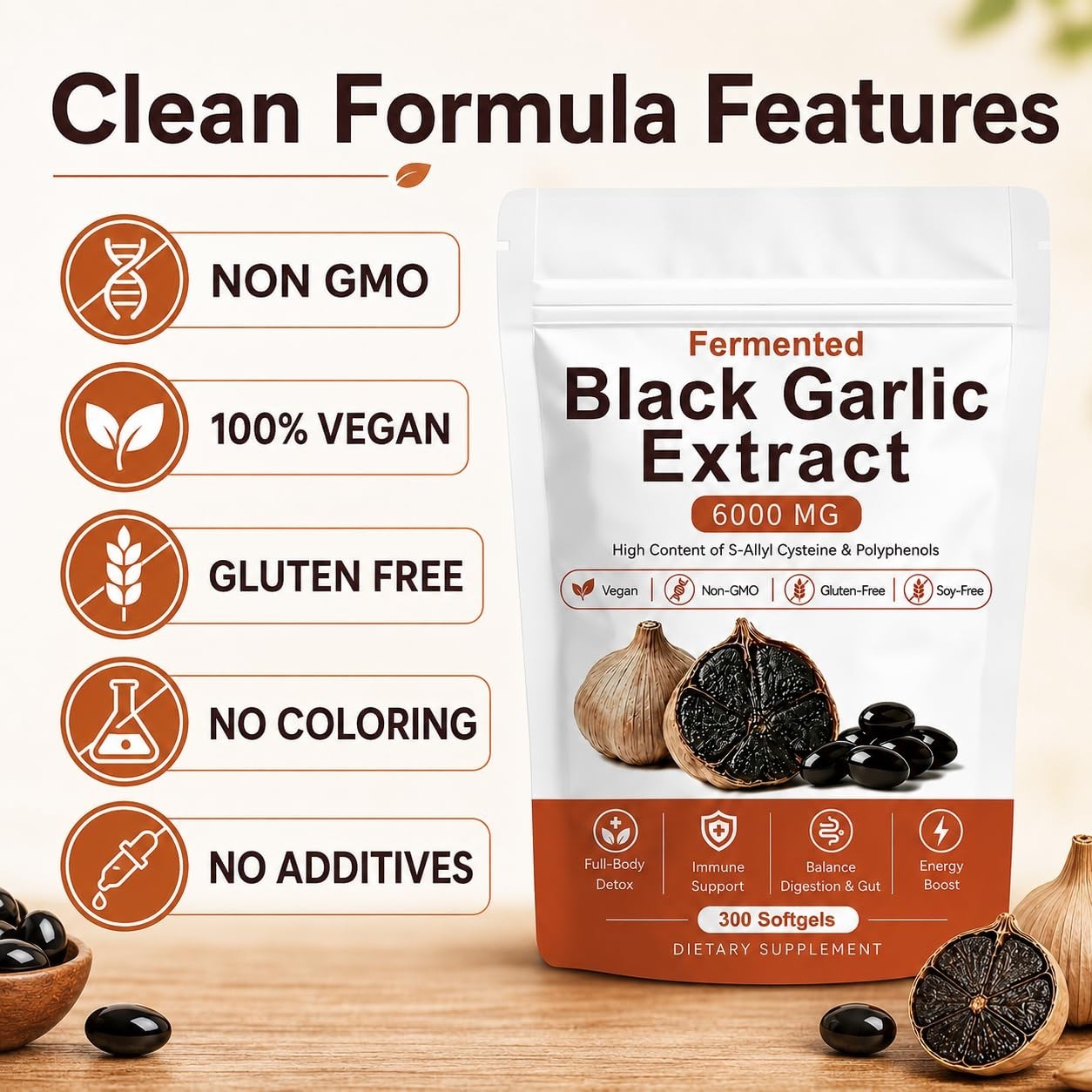 Odorless Fermented Black Garlic Extract – Vegan Immunity Support, Energy Boost,