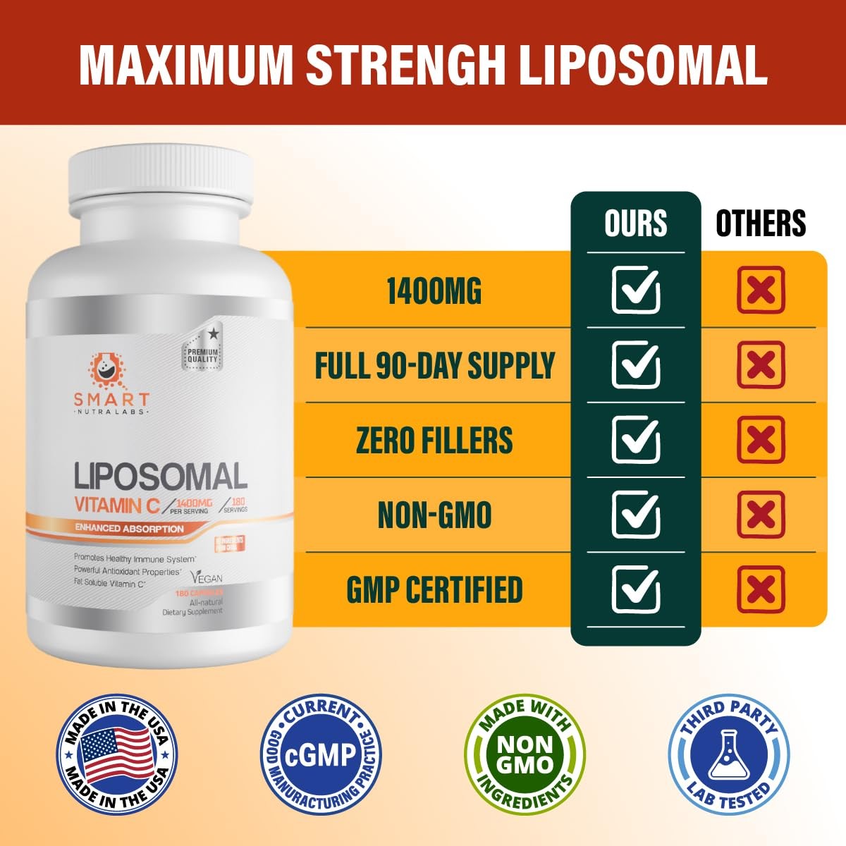 Liposomal Vitamin C 1400mg- 180 Vegan Capsules- China 180 Count (Pack of 1)