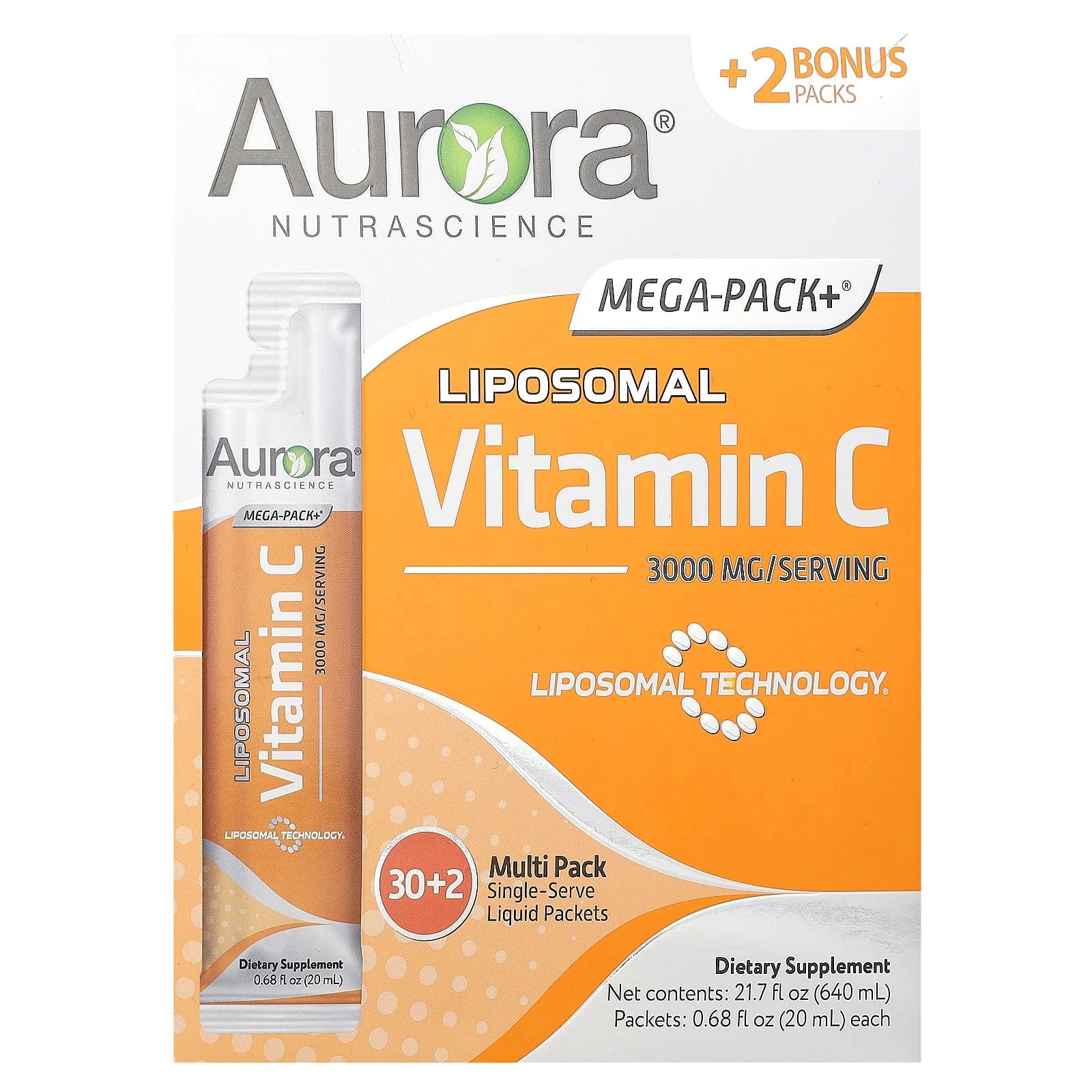 2 X Aurora Nutrascience, Mega-Pack+�, Liposomal Vitamin C, 32 Packs, 0.68 fl oz
