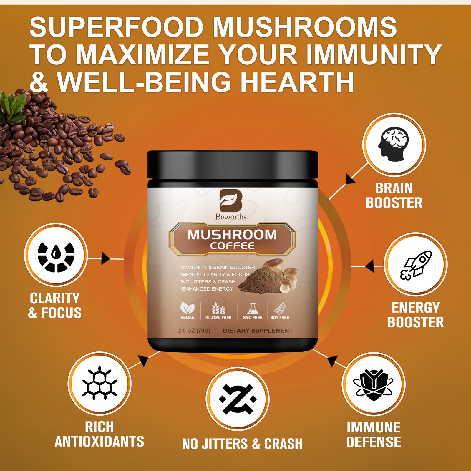 1x Mushroom Coffee Powder Lions Mane Reishi Immunity & Brain Booster 70g