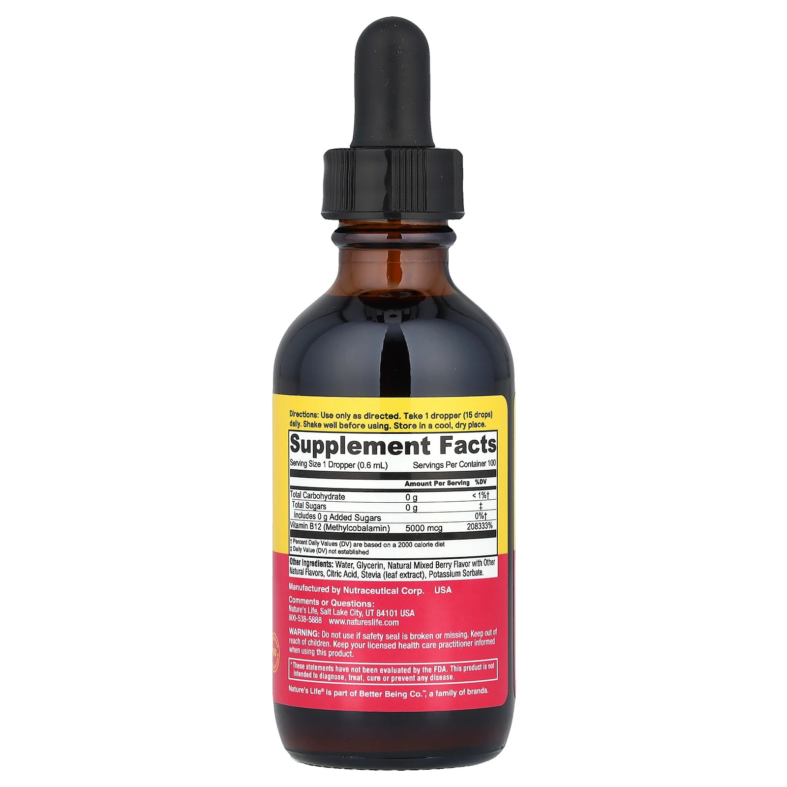 2 X Nature’s Life, B-12 Drops, Sugar Free, Mixed Berry, 5,000 mcg, 2 fl oz (60