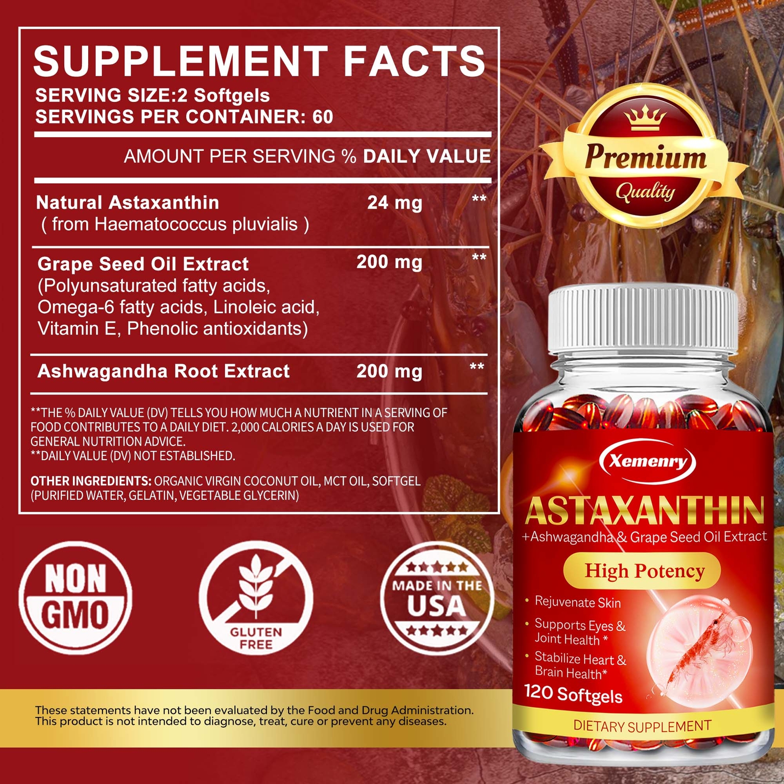 Astaxanthin 24mg Capsules – Powerful Antioxidant – with Ashwagandha Root Extract