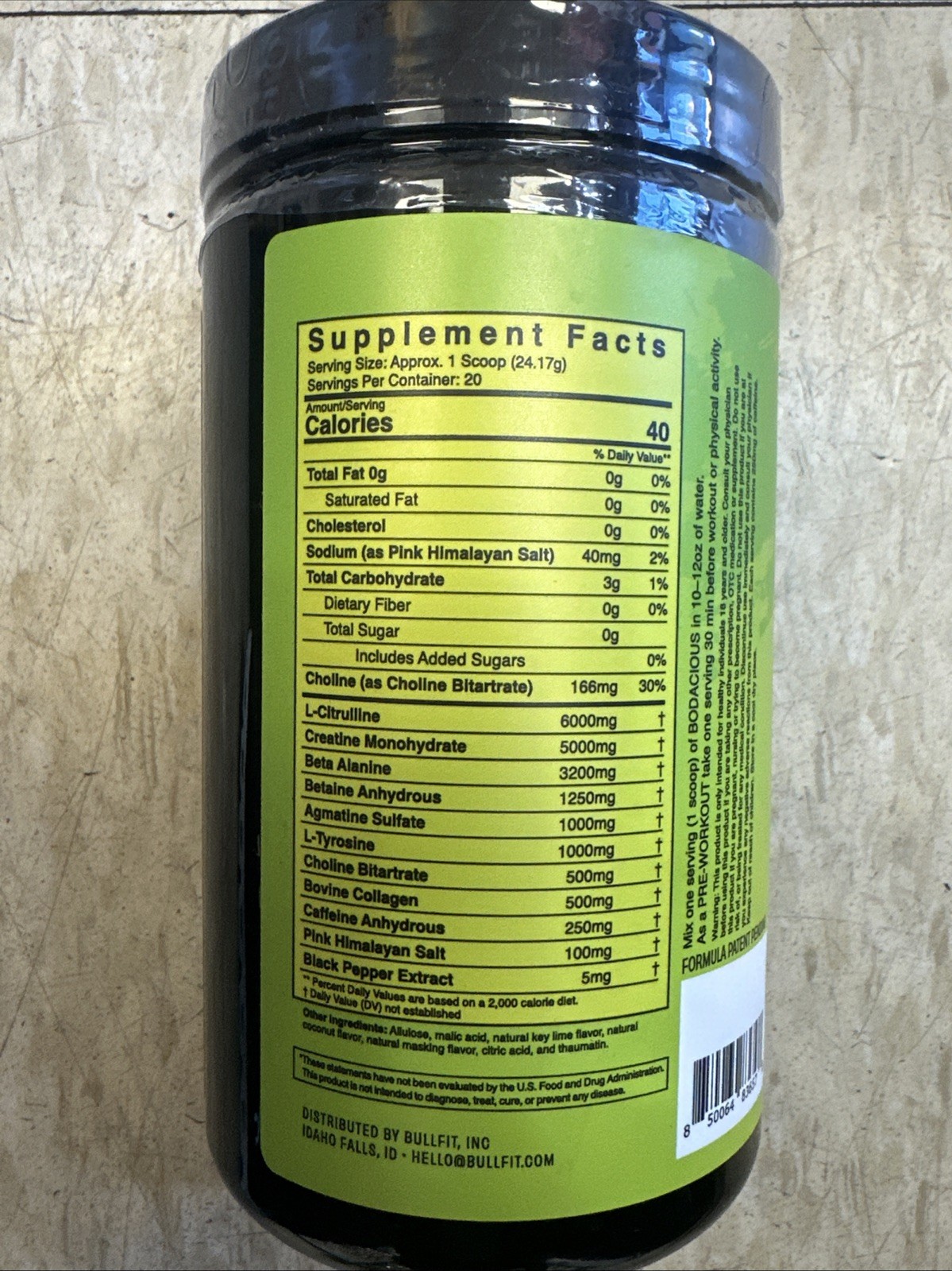 Bull Fit Pre Workout Coconut Lime 20 Servings Best By 07/2026