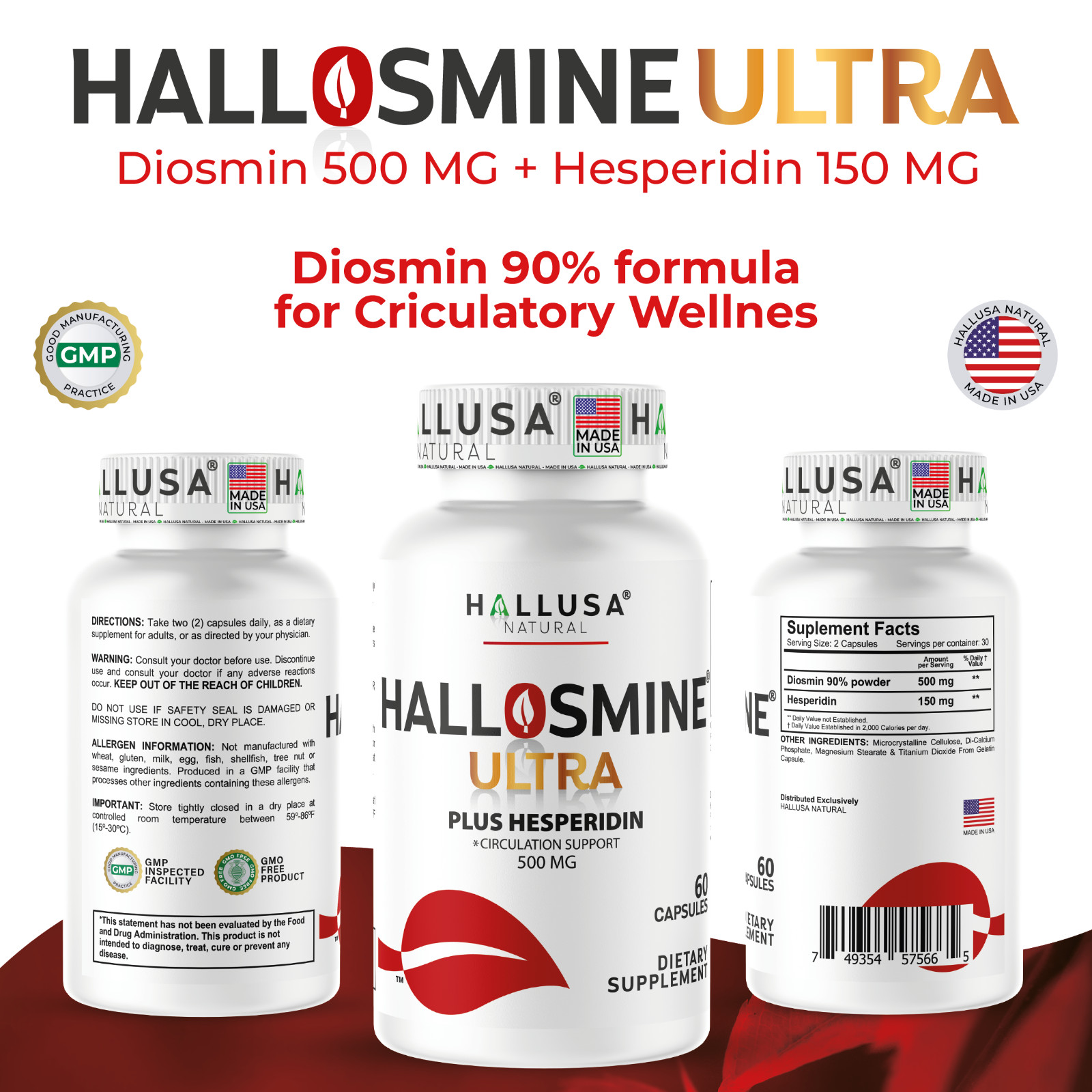HALLOSMINE ULTRA Diosmin Hesperidin 650mg, Varicose Veins, Hemorrhoids, 60 caps