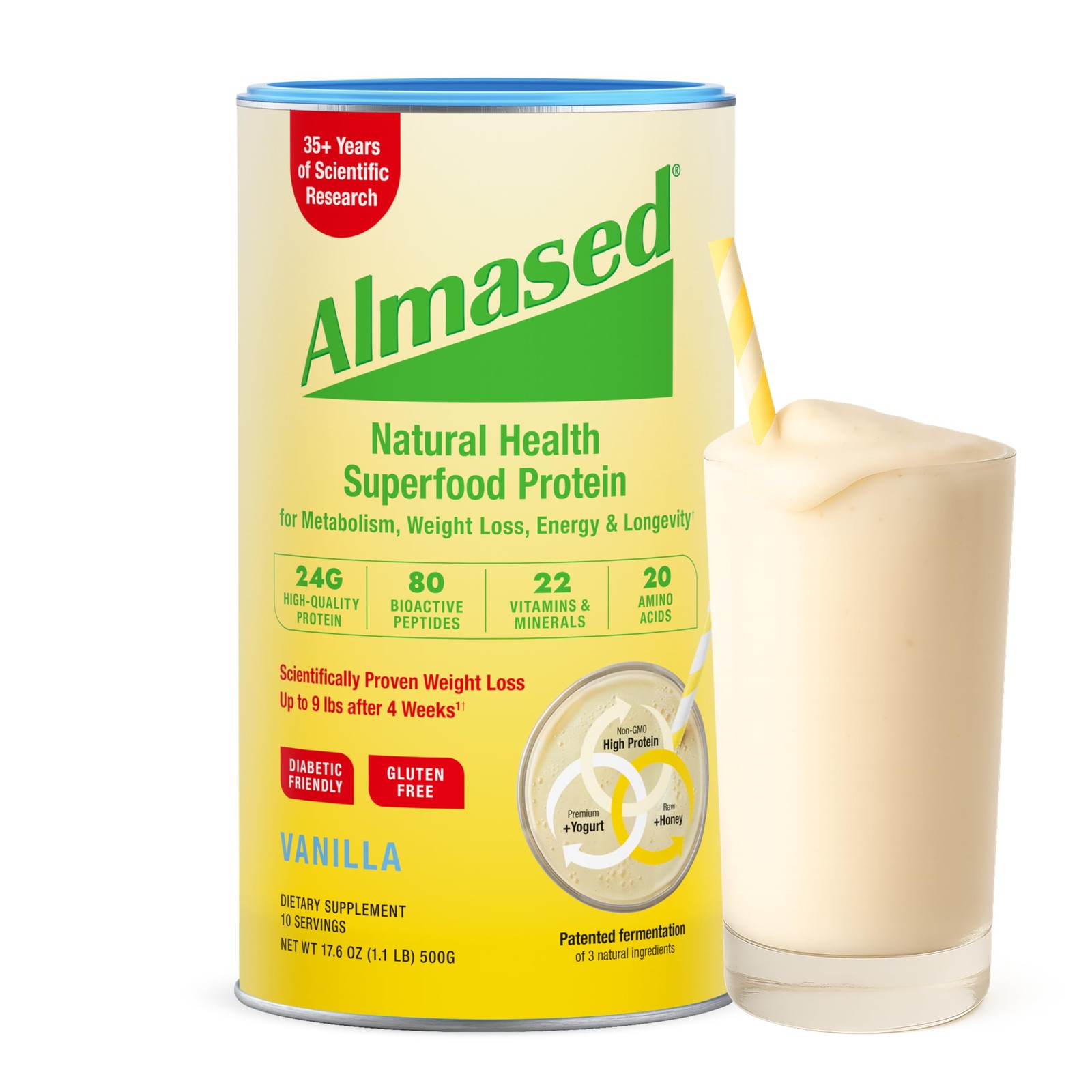 Almased Vanilla Meal Replacement Shake – Low-Vanilla Flavor – 17.6 oz (1.1 Pound