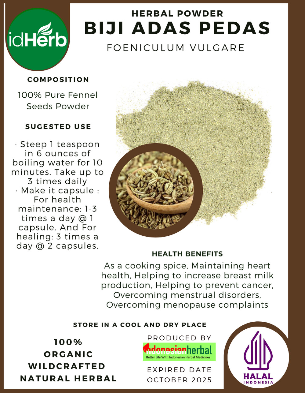 [idHerb] 50-500 gram Powder Common Fennel Foeniculum Vulgare Organic WildCrafted
