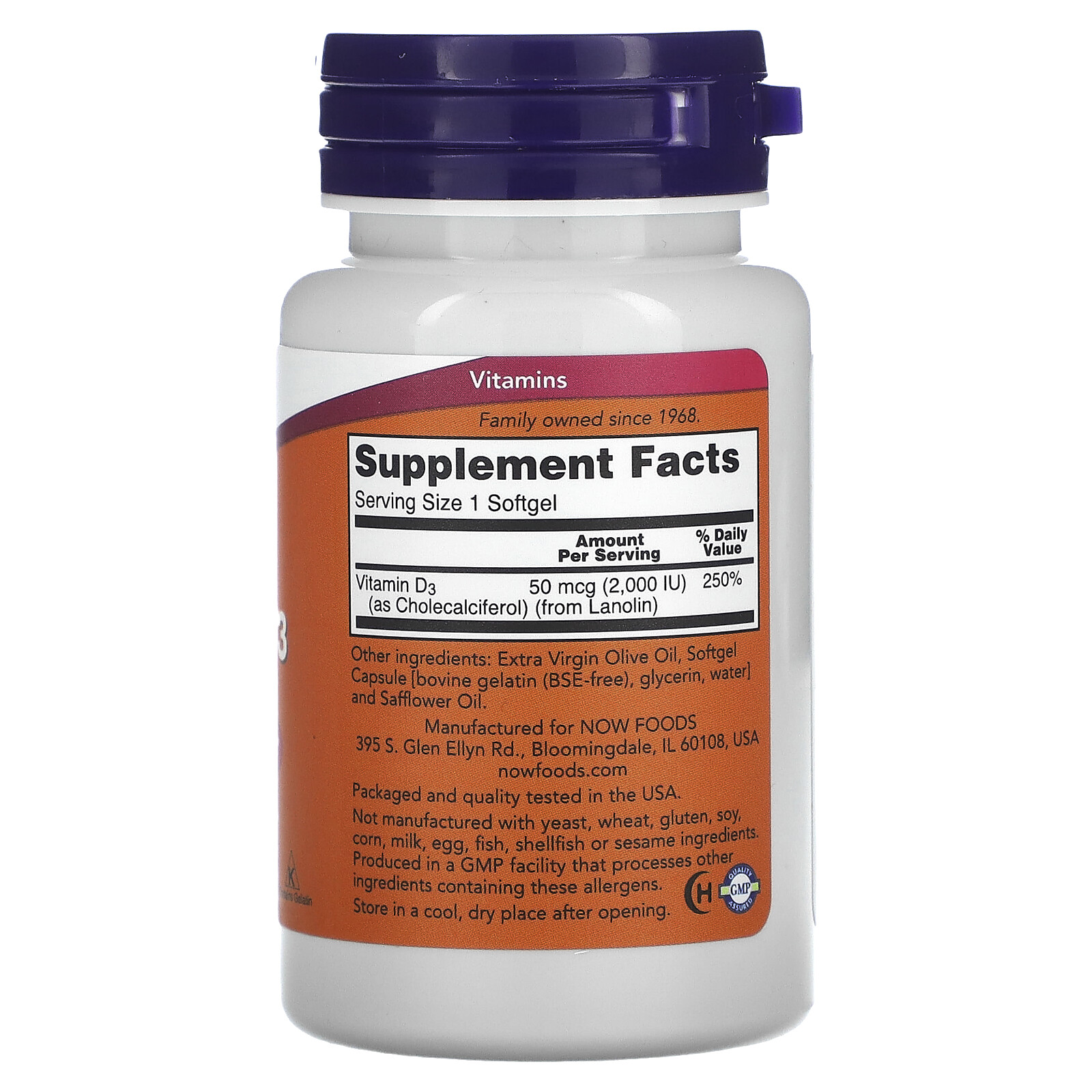 Now Foods Vitamin D-3, 50 mcg (2,000 IU), 120 Softgels, 3 Pack