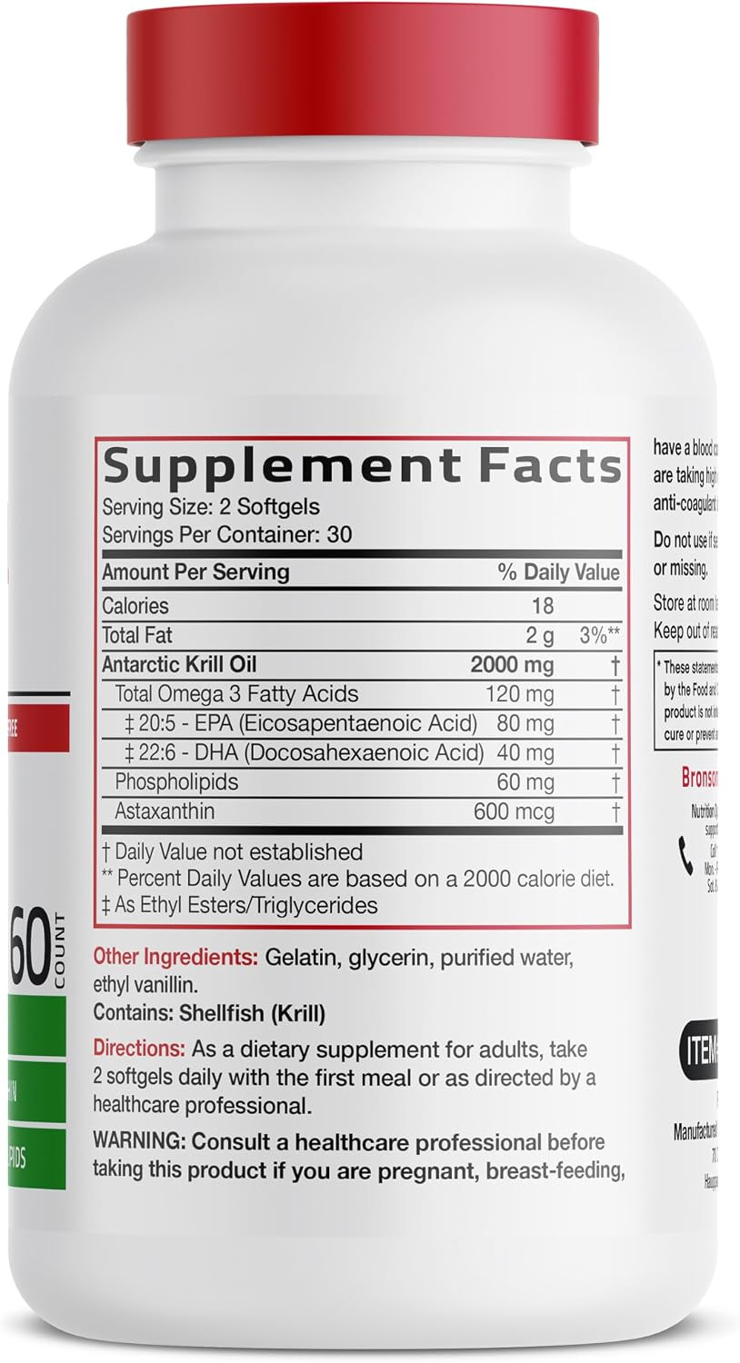 Bronson Antarctic Krill Oil 2000Mg with Omega-3S EPA, DHA, Astaxanthin and Phosp