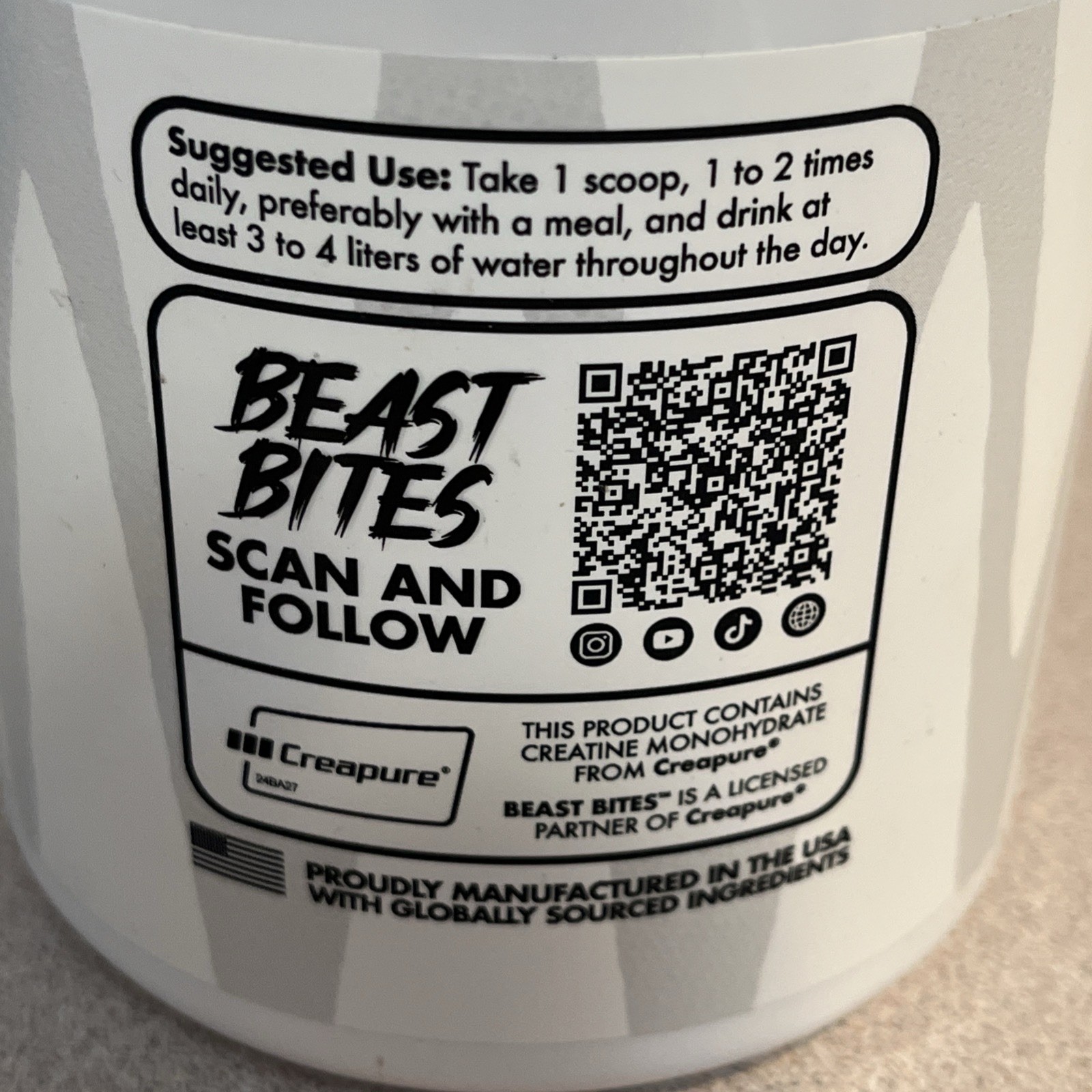 Beast Bites Creatine Monohydrate Powder Unflavored 10.58 oz Exp 7/2027