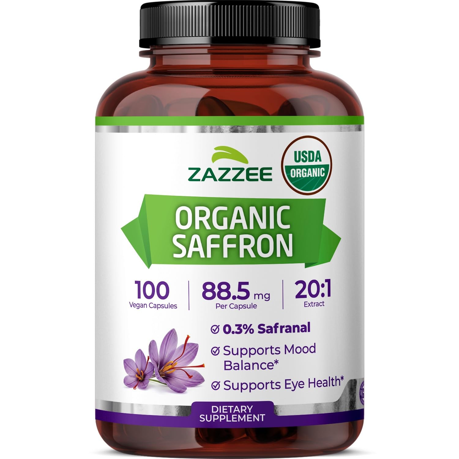 USDA Organic Saffron 20:1 Extract, 88.5 mg, 0.3% Safranal, 100 Vegan Capsules…