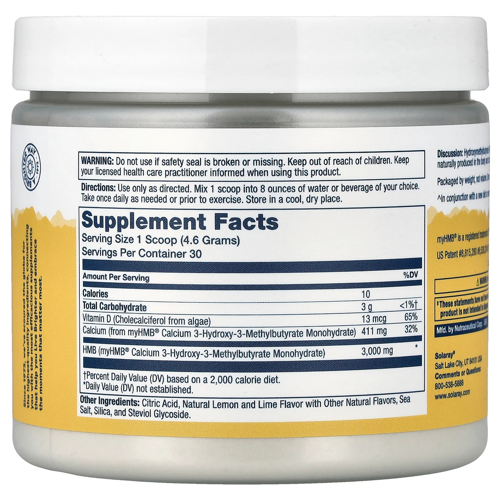 2 X Solaray, HMB + D3 Powder, Natural Lemon Lime, 4.9 oz (138 g)
