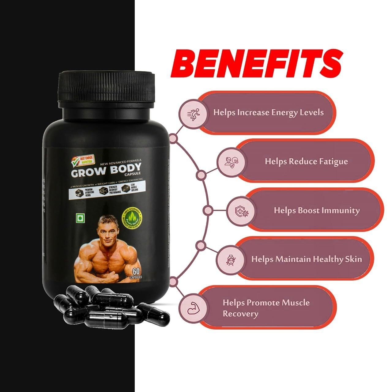 BODY GROW Fast Weight Gain Pills Muscle Gainer WEGHT GAIN 60 CAPSULES MEN