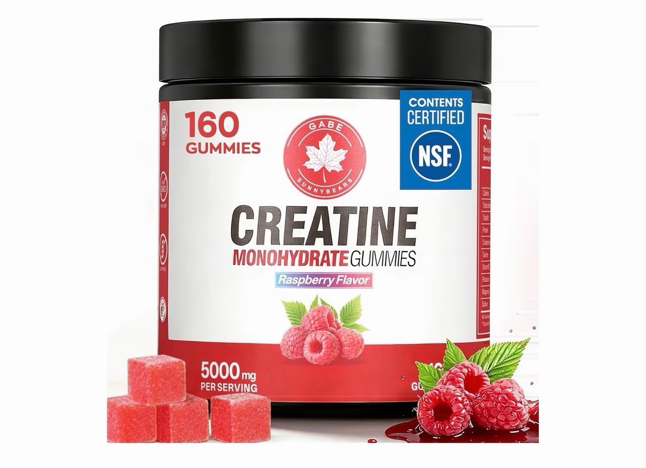Gabe Sunnybears Creatine Monohydrate Gummies 5000mg NSF Raspberry 160ct