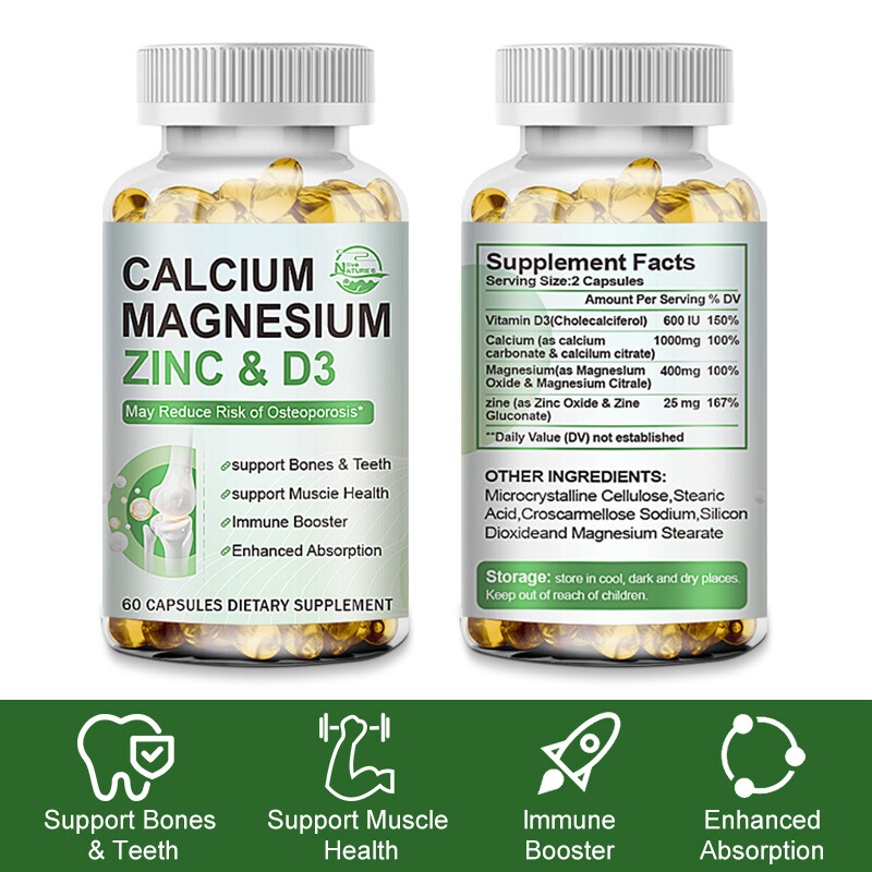 Calcium Magnesium Zinc + Vitamin D-3 Capsules, Bone Muscle Teeth Immune Support