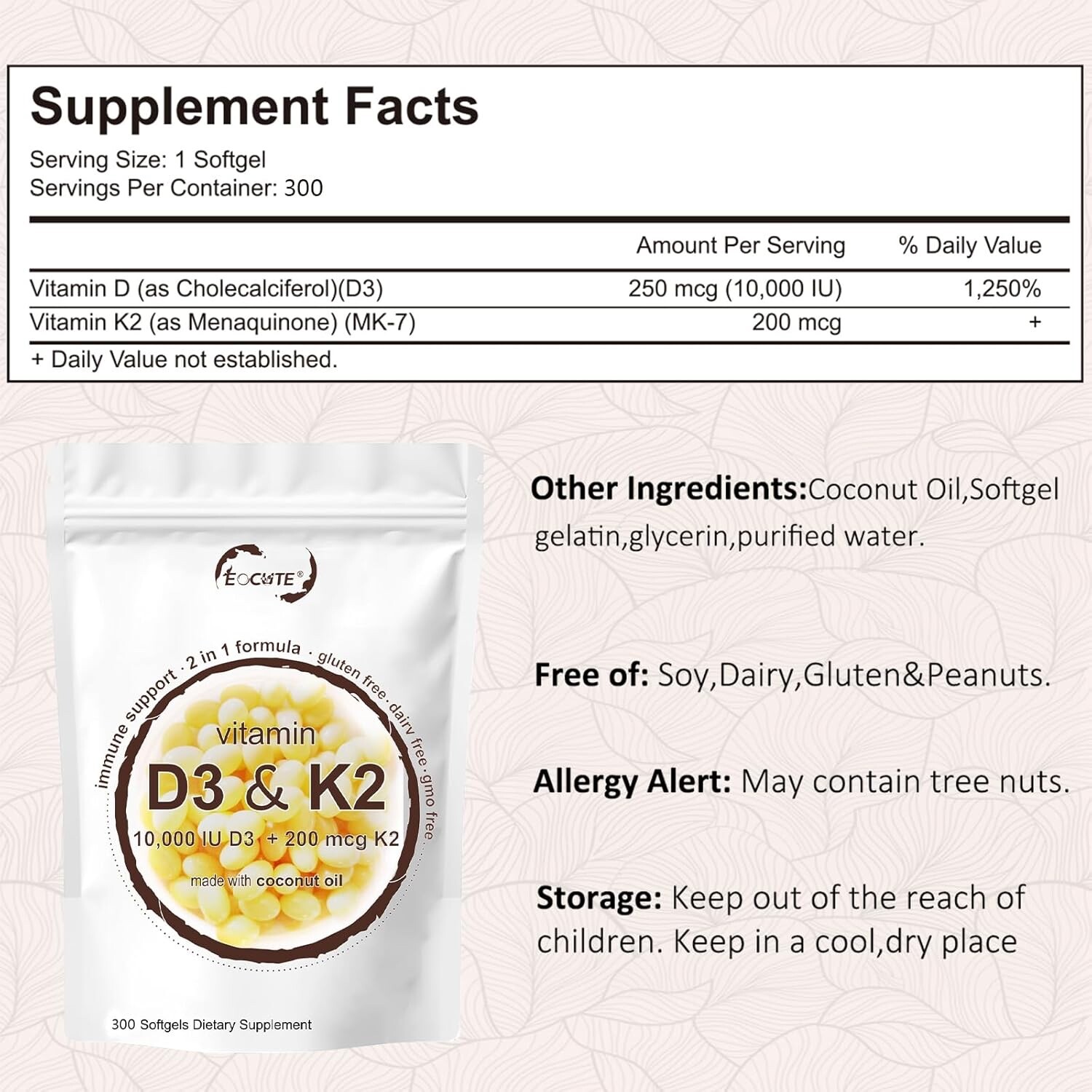 Vitamin D3 K2 Softgel 300 Capsules Extra Strength D3 K2 Supplements USA