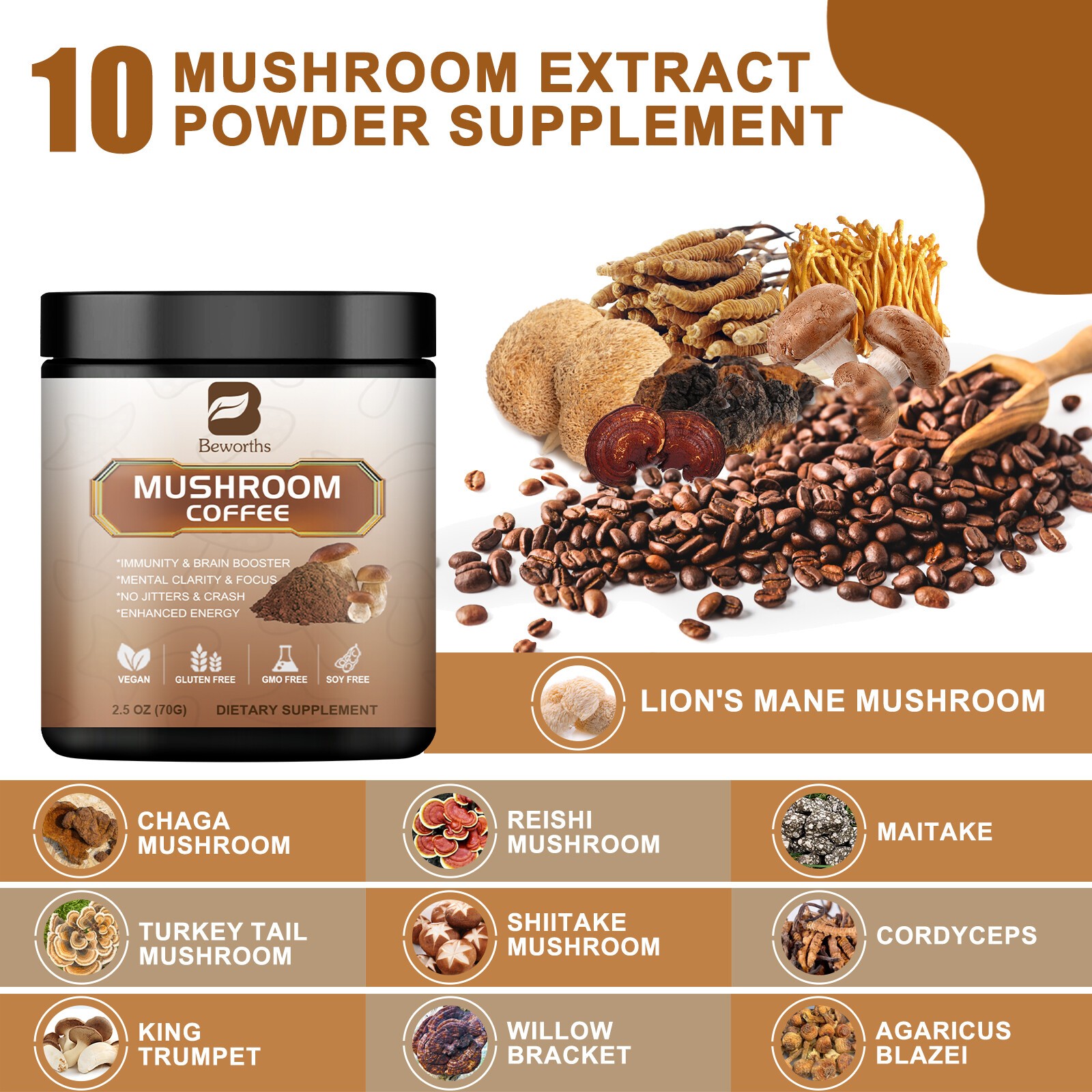 1x Mushroom Coffee Powder Lions Mane Reishi Immunity & Brain Booster 70g
