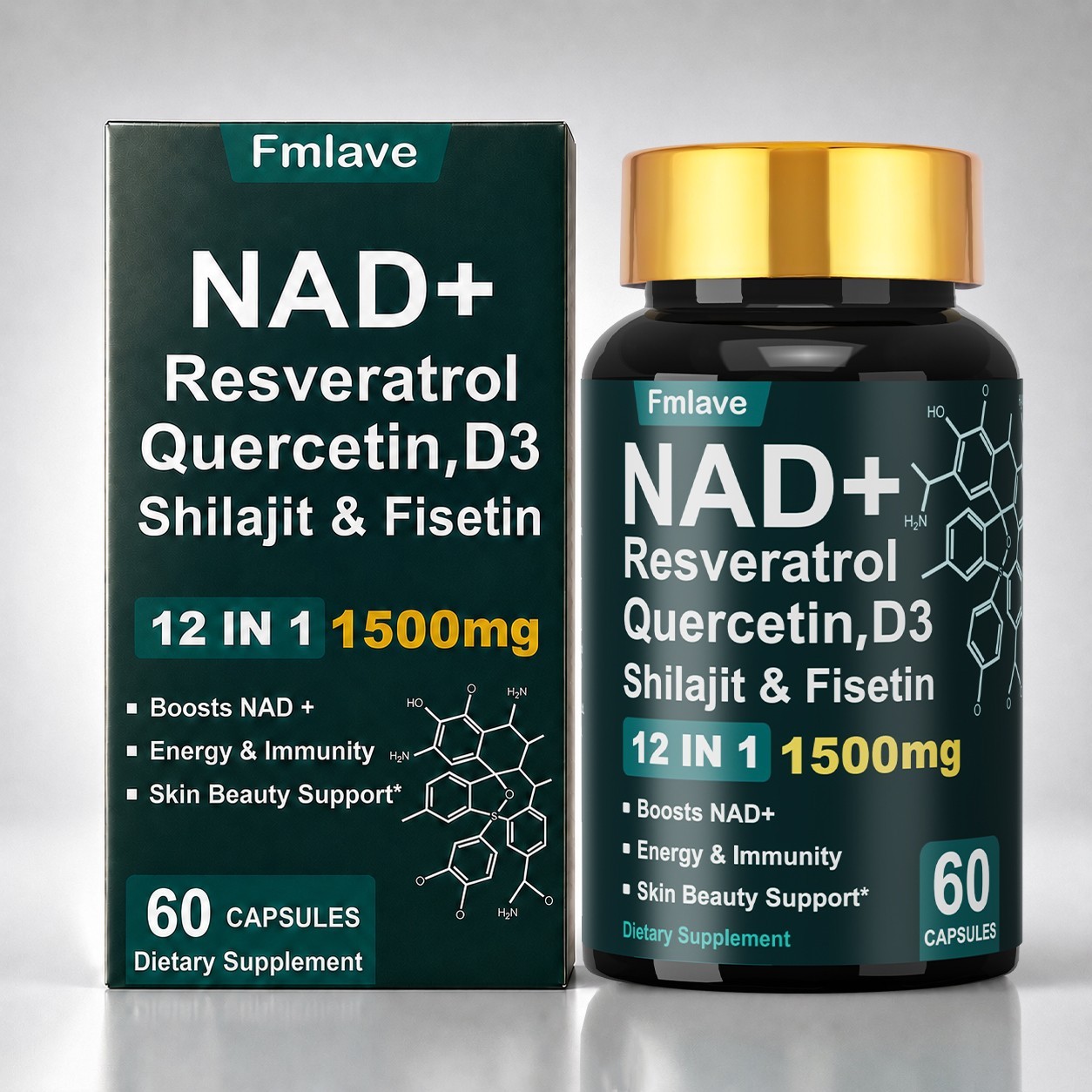 NAD + Resveratrol Quercetin D3, Shilajit & Fisetin, Enhance Cellular Energy 60ct