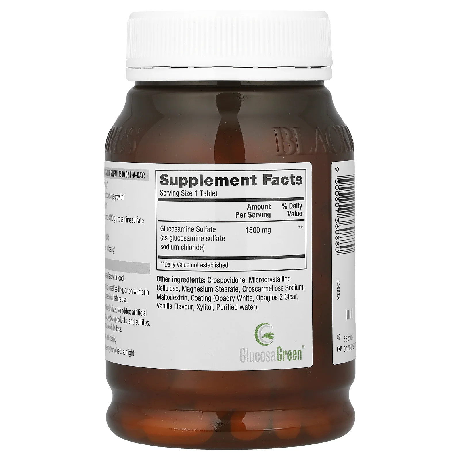 2 X Blackmores, Glucosamine Sulfate One-A-Day, Vanilla, 1,500 mg, 180 Tablets
