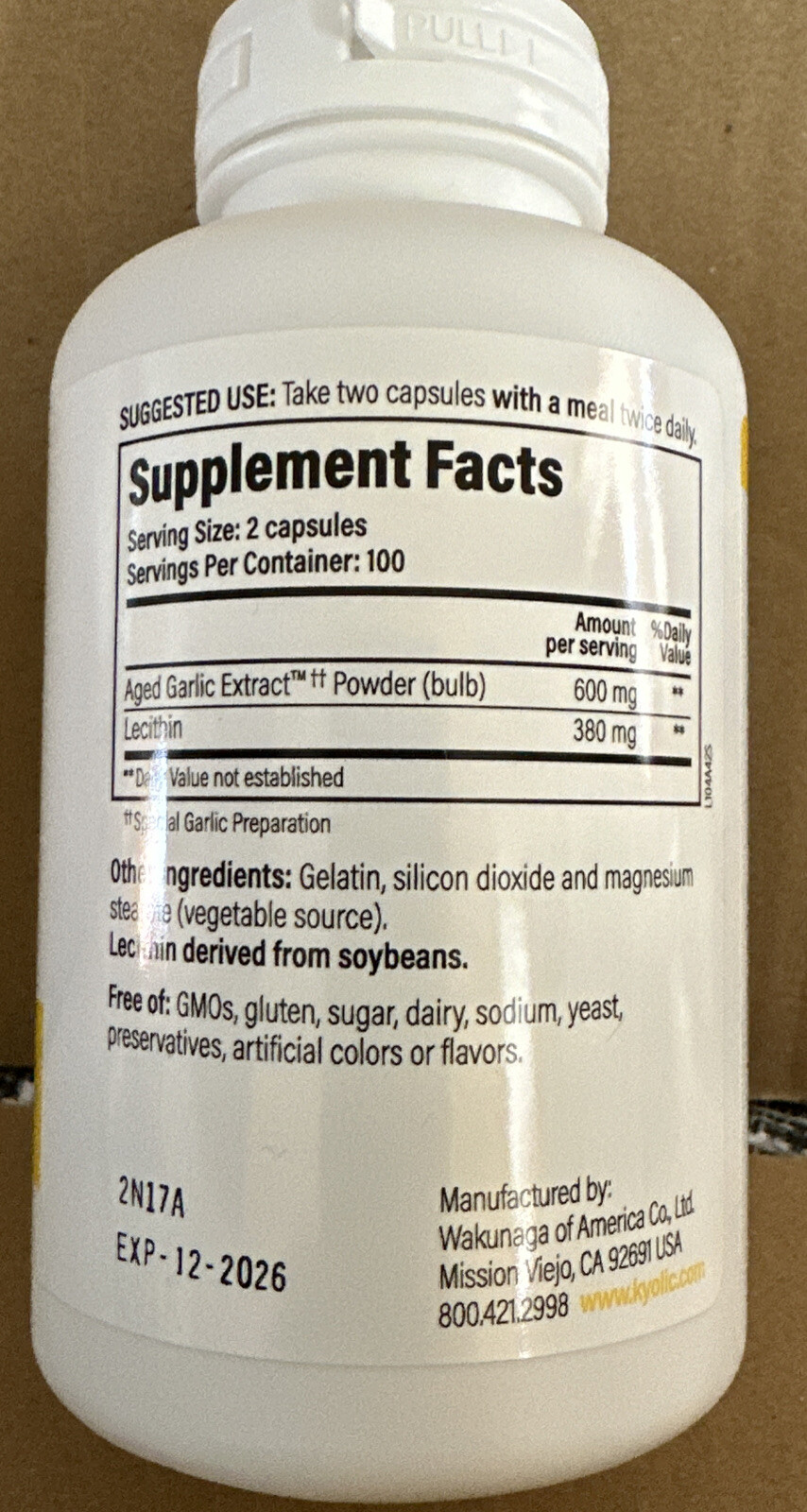 Kyolic Formula 104 Garlic Lecithin Cholesterol Capsules -200 Count. Exp 12/2026