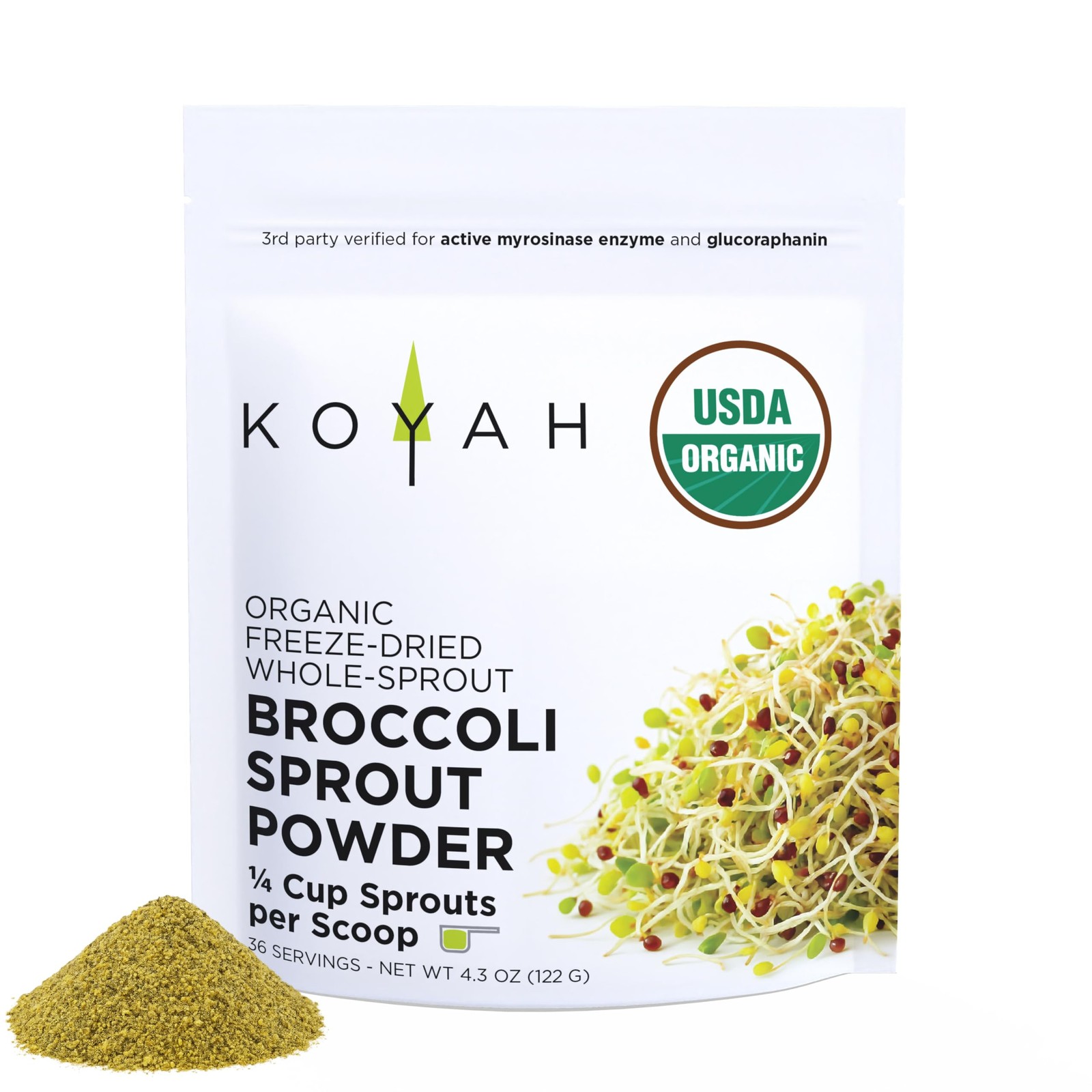 KOYAH – Organic USA Broccoli Sprout Powder (1 Scoop = 4.3 Ounce (Pack of 1)