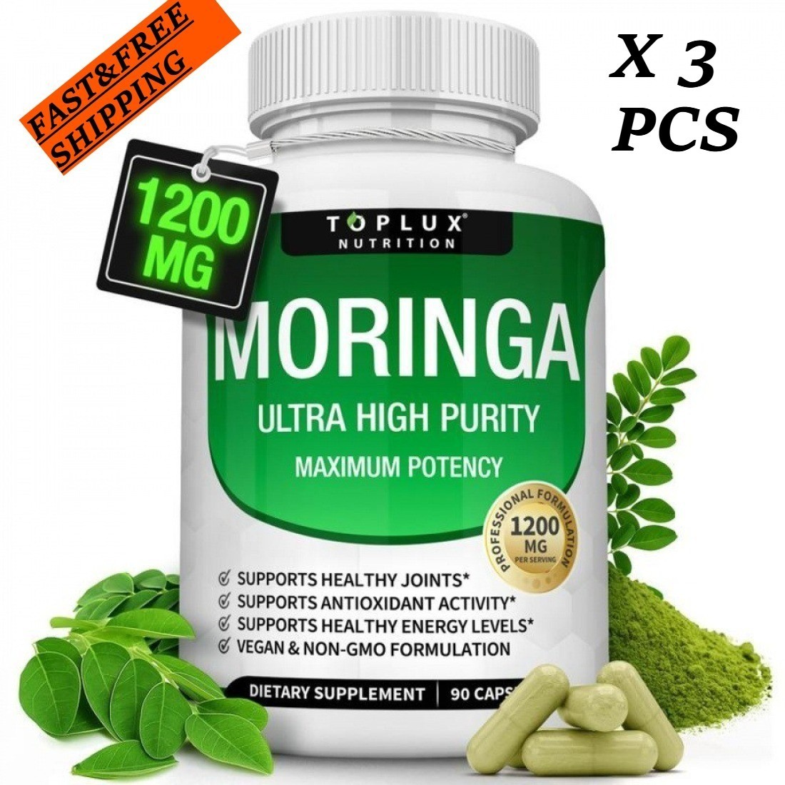 3PCS-TOPLUX Moringa Capsules 1200mg Pure Moringa Powder Immune Gut health 90Caps
