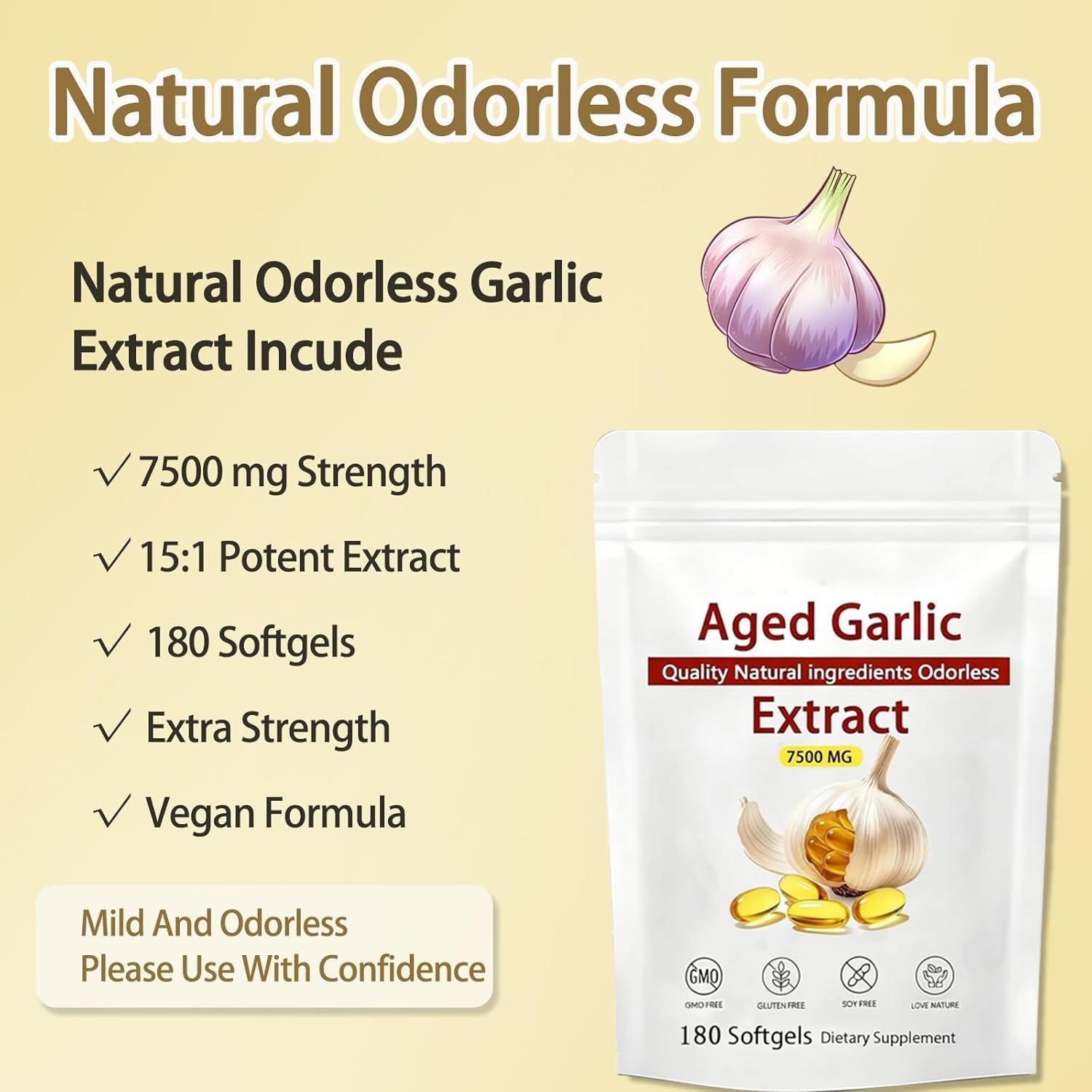 Aged Garlic Extract 7500mg Odorless, Non-GMO, Immune Support – 180 Softgels
