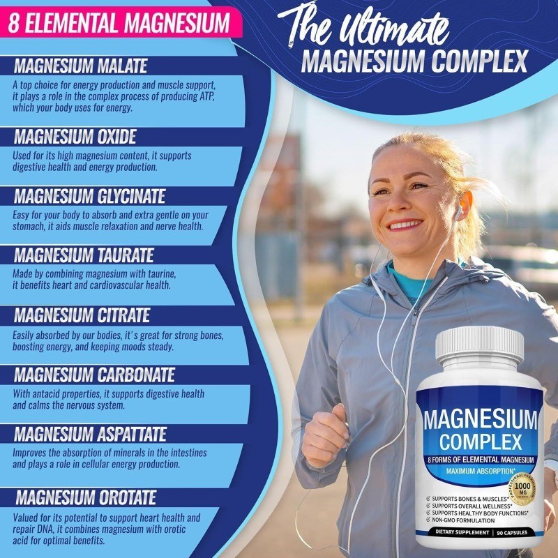Magnesium Complex 8 Elemental Magnesium Supplement 1000mg Non-GMO 90 Capsules