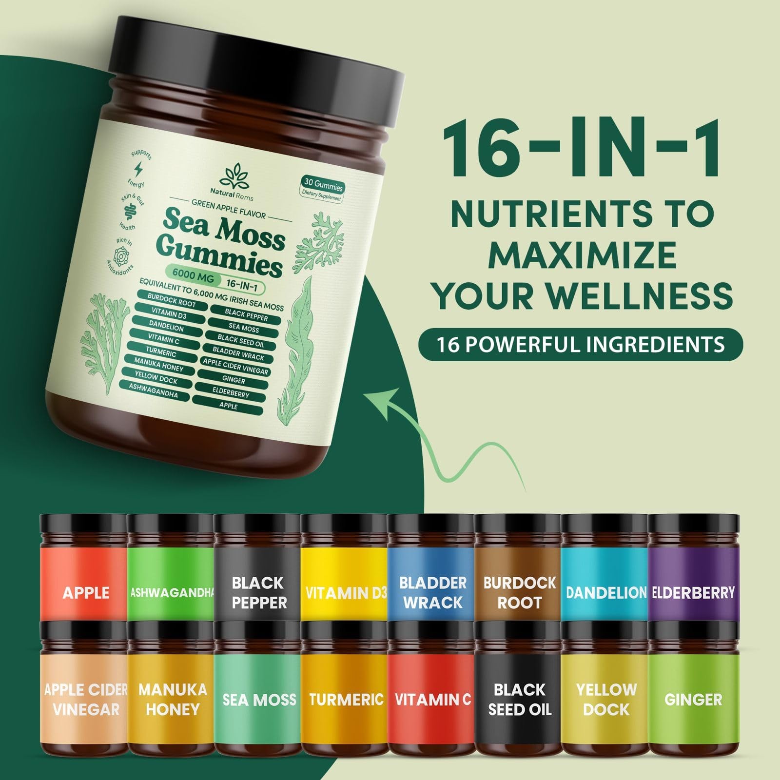 Natural Rems Sea Moss Gummies 16-in-1 – Ashwagandha Black Seed Oil Bladder Wrack