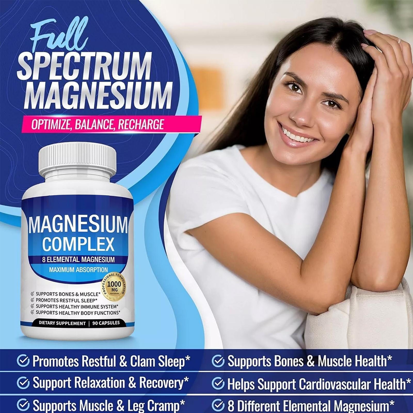 90 Count Magnesium Glycinate Complex Capsules, 1000mg Daily Mineral Wellness